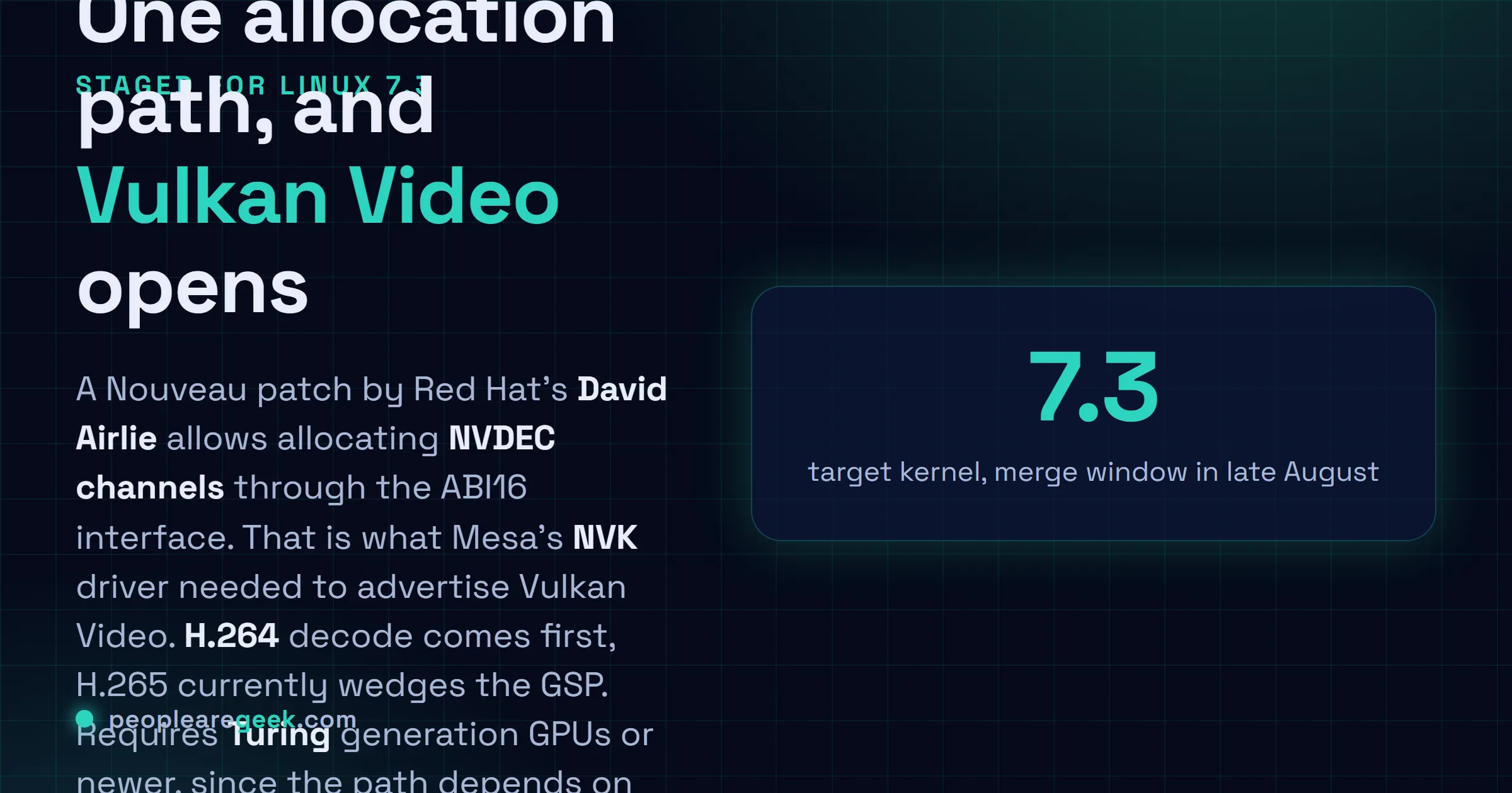 Answer card: a Nouveau patch by David Airlie staged for Linux 7.3 allows allocating NVDEC channels via ABI16, letting Mesa's NVK driver advertise Vulkan Video H.264 decode on Turing and newer NVIDIA GPUs.