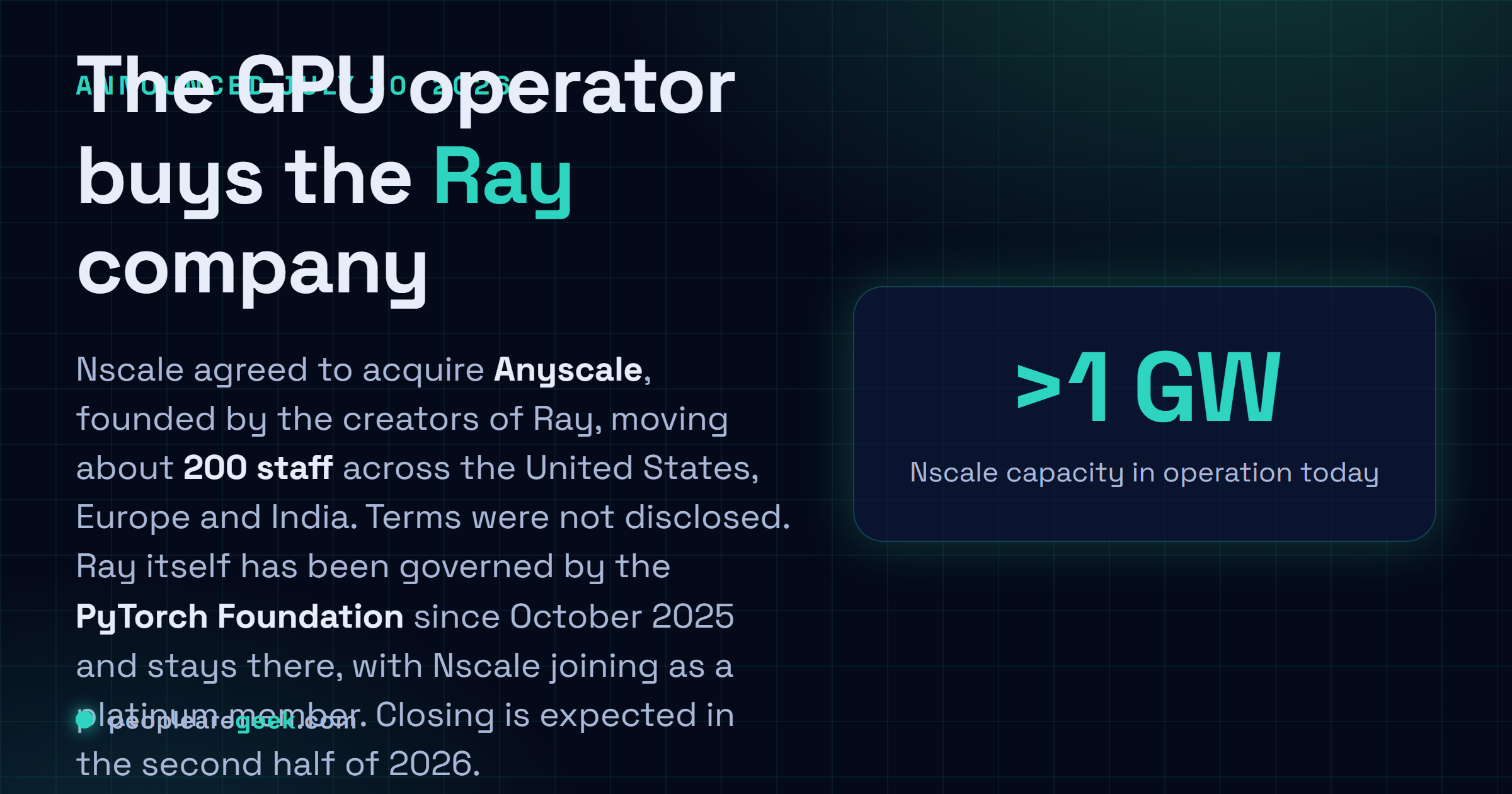 Carte réponse : Nscale a signé le 30 juillet 2026 le rachat d'Anyscale, transférant environ 200 salariés et la plateforme Ray managée vers un opérateur de plus d'un gigawatt, tandis que Ray reste gouverné par la PyTorch Foundation.