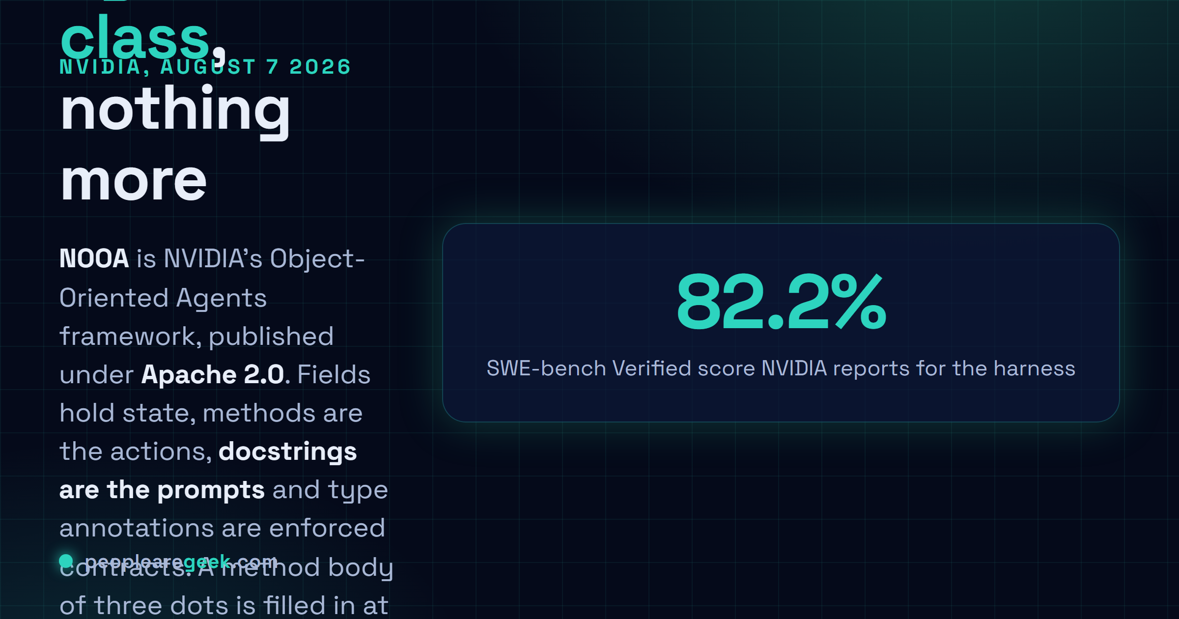 Answer card: NVIDIA released NOOA on August 7 2026 under Apache 2.0, a model agnostic Python framework where an AI agent is a single Python class, methods are actions, docstrings are prompts, type annotations are contracts, and a method body of three dots is filled in at runtime by the model.
