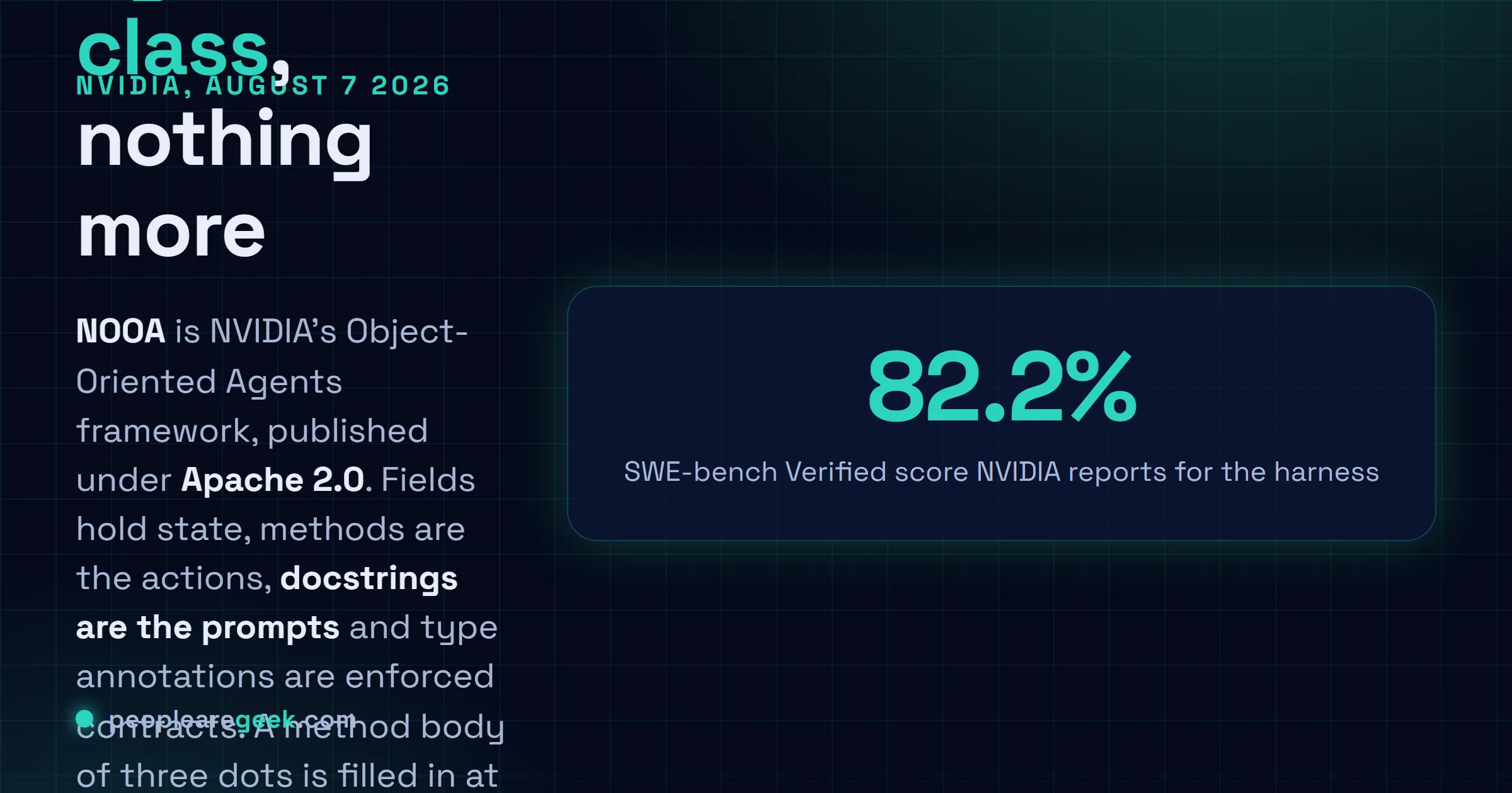 Answer card: NVIDIA released NOOA on August 7 2026 under Apache 2.0, a model agnostic Python framework where an AI agent is a single Python class, methods are actions, docstrings are prompts, type annotations are contracts, and a method body of three dots is filled in at runtime by the model.