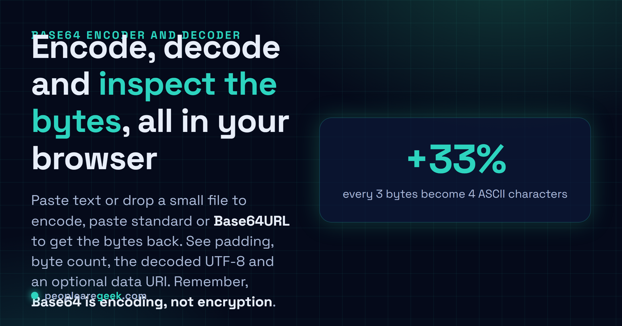 Base64 Encoder and Decoder: Encode, decode and inspect Base64, Base64URL and data URIs in your browser.