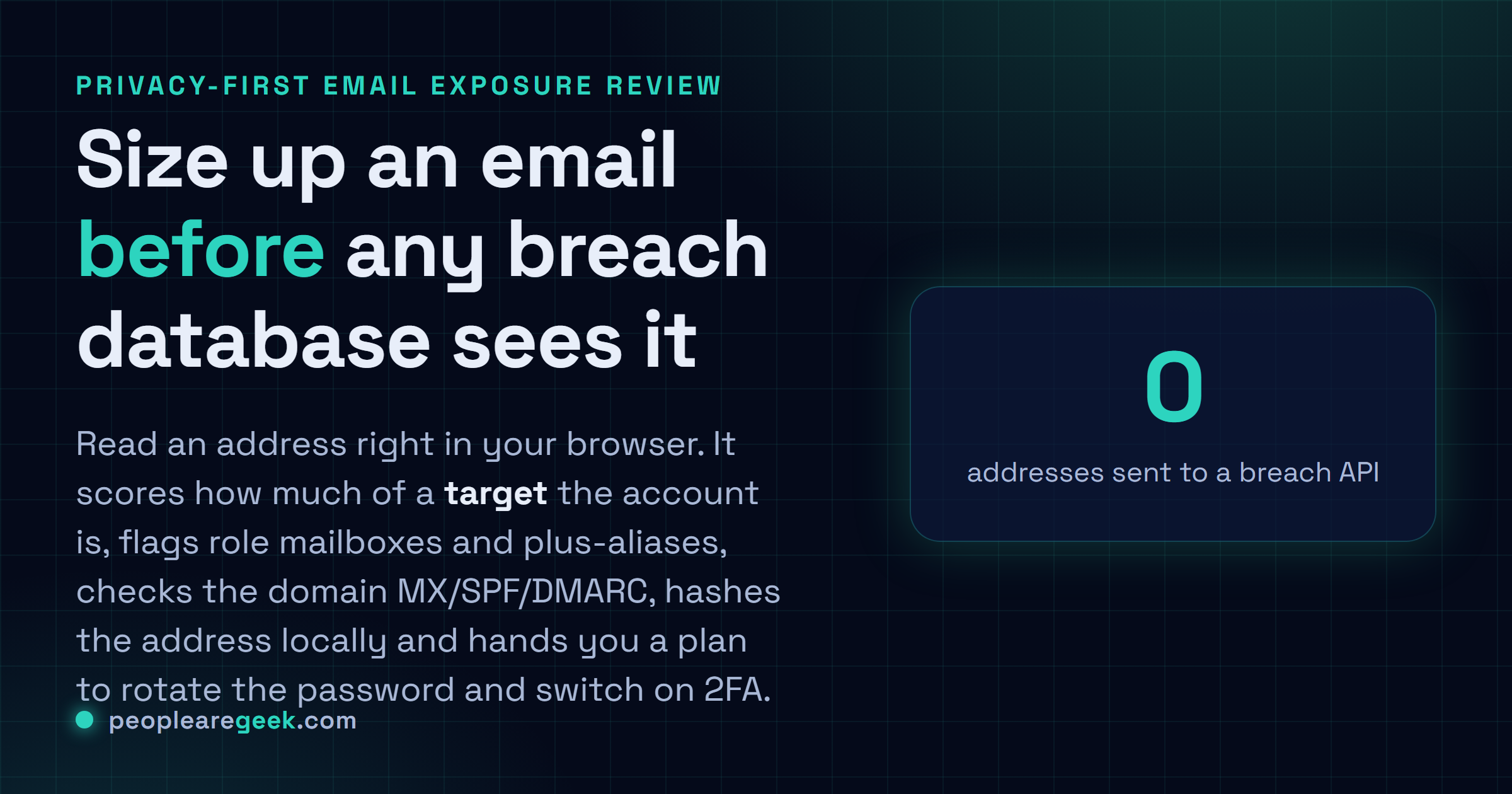 Breach-Safe Email Checker: Size up an email address in your browser, score the risk, check the domain records, hash it locally and get a clear action plan.