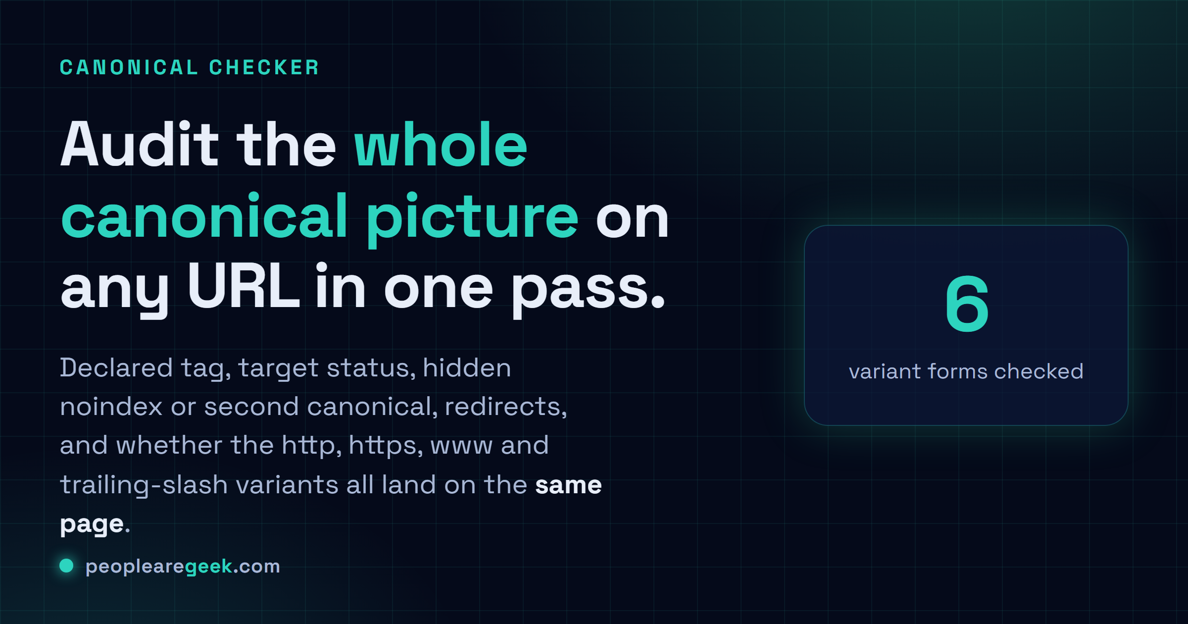 Canonical Tag Checker: Paste a public URL and see the whole canonical picture: the declared tag, its target status, any hidden noindex or second canonical, redirects, and the http/https/www/slash variants.