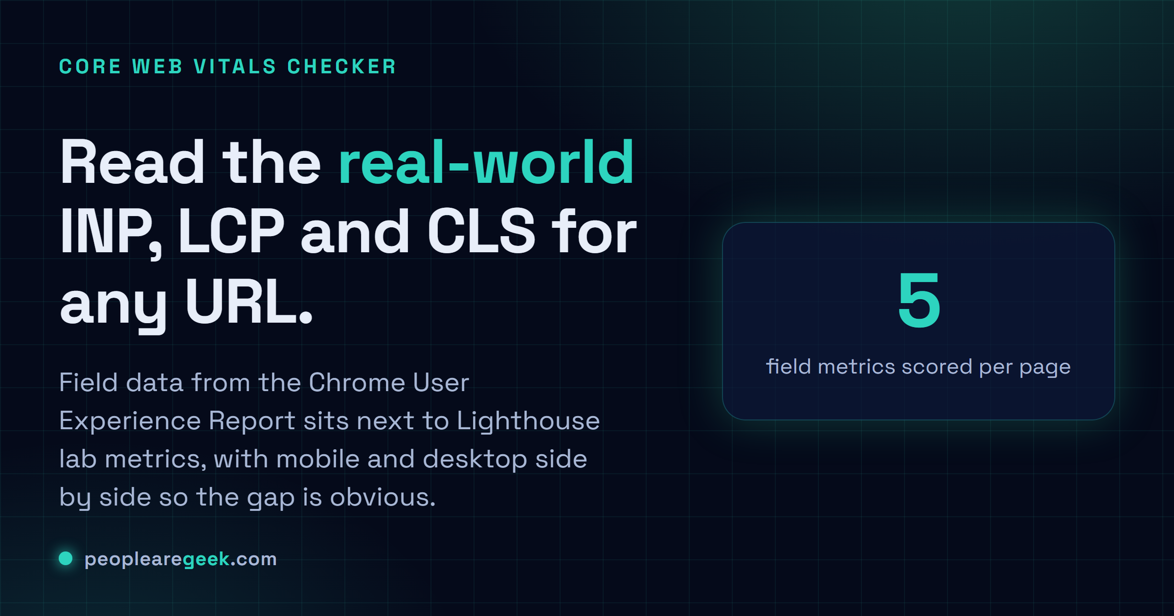 Core Web Vitals Checker (INP, LCP, CLS): Pull the real-world INP, LCP and CLS for any URL from CrUX, with mobile and desktop side by side.