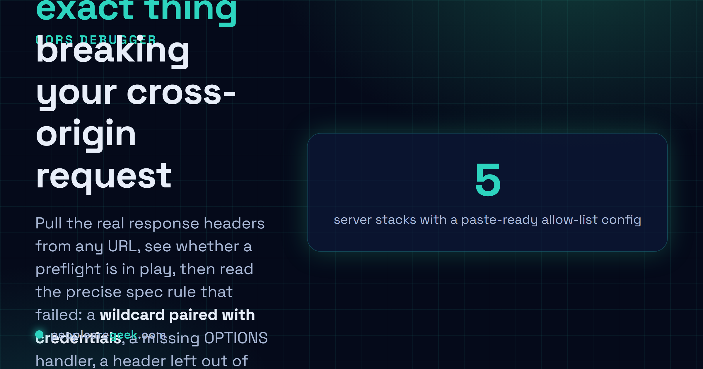 CORS Debugger: Pull the real response headers from any URL, see whether a preflight is in play, find the exact thing that's broken, and copy a server config fix.