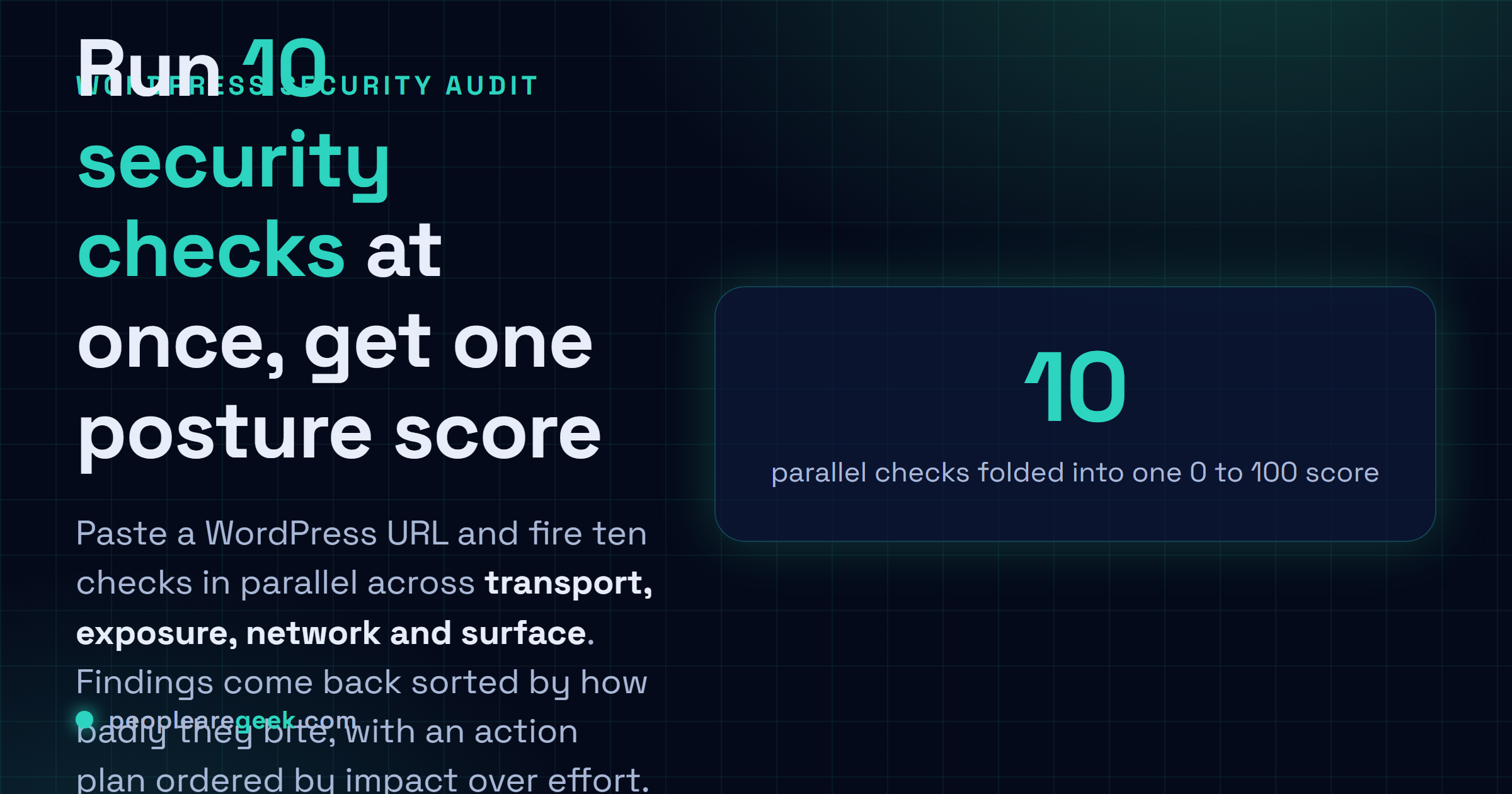 Cyber Audit Suite for WordPress: Paste a WordPress URL and fire 10 security checks at once, then read one posture score, sorted findings and an action plan ordered by impact.