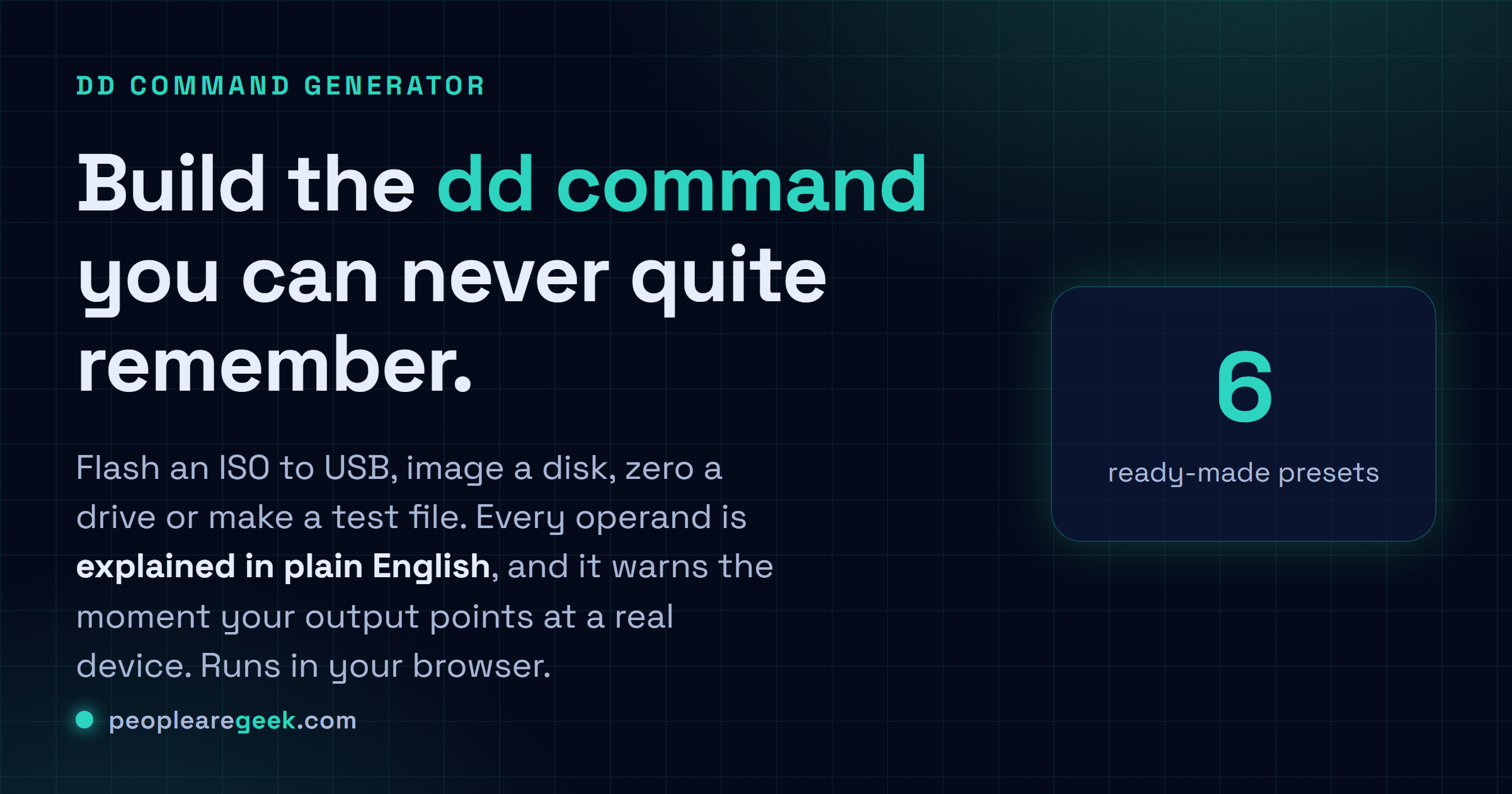 dd Command Generator: Build the dd command you can never quite remember, with every operand spelled out and a loud warning the moment your output is a real device.