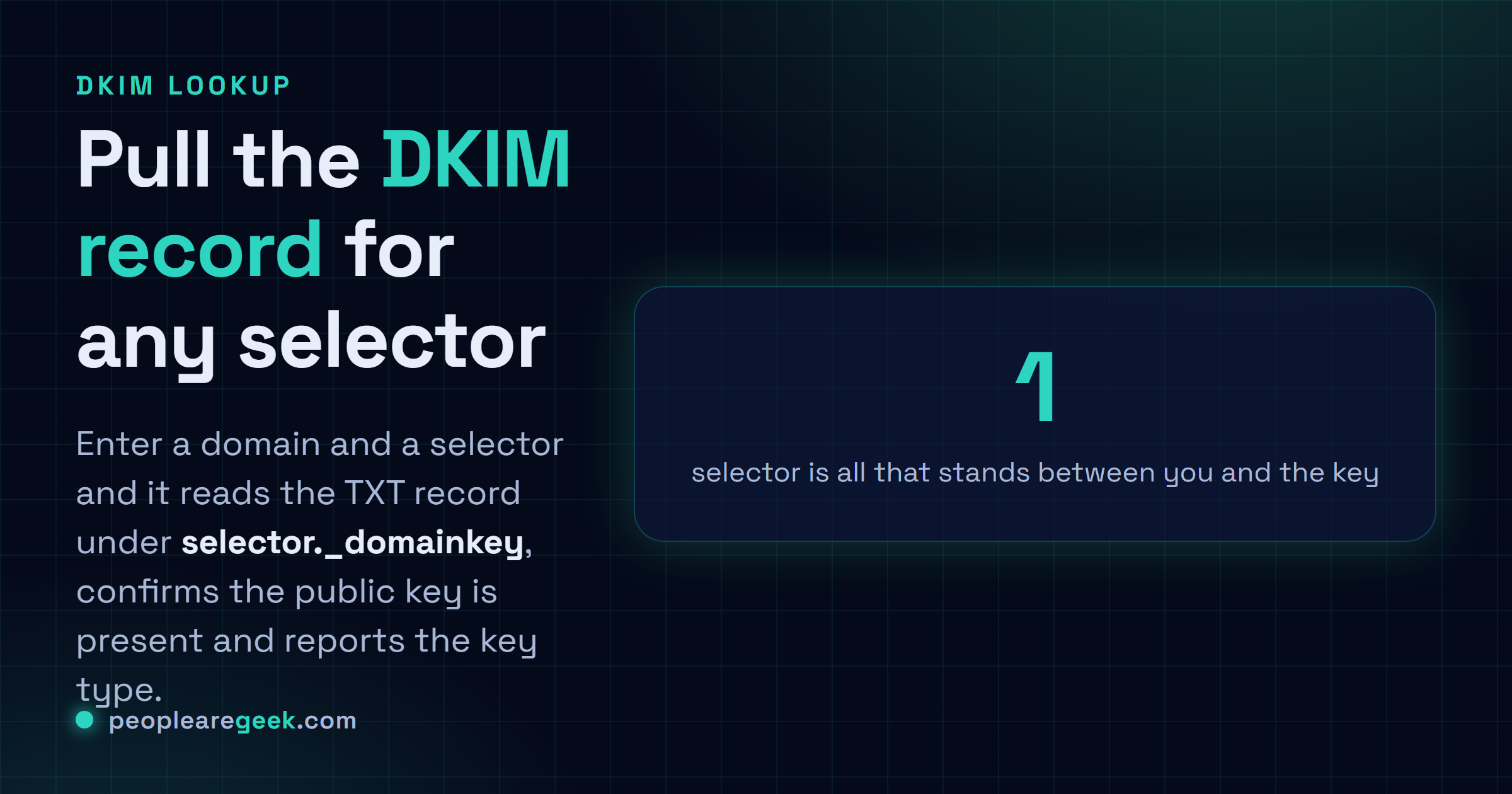 DKIM Lookup Tool: Check any DKIM selector and read its public key. Pull the TXT record under selector._domainkey, confirm the key is present and report the key type.