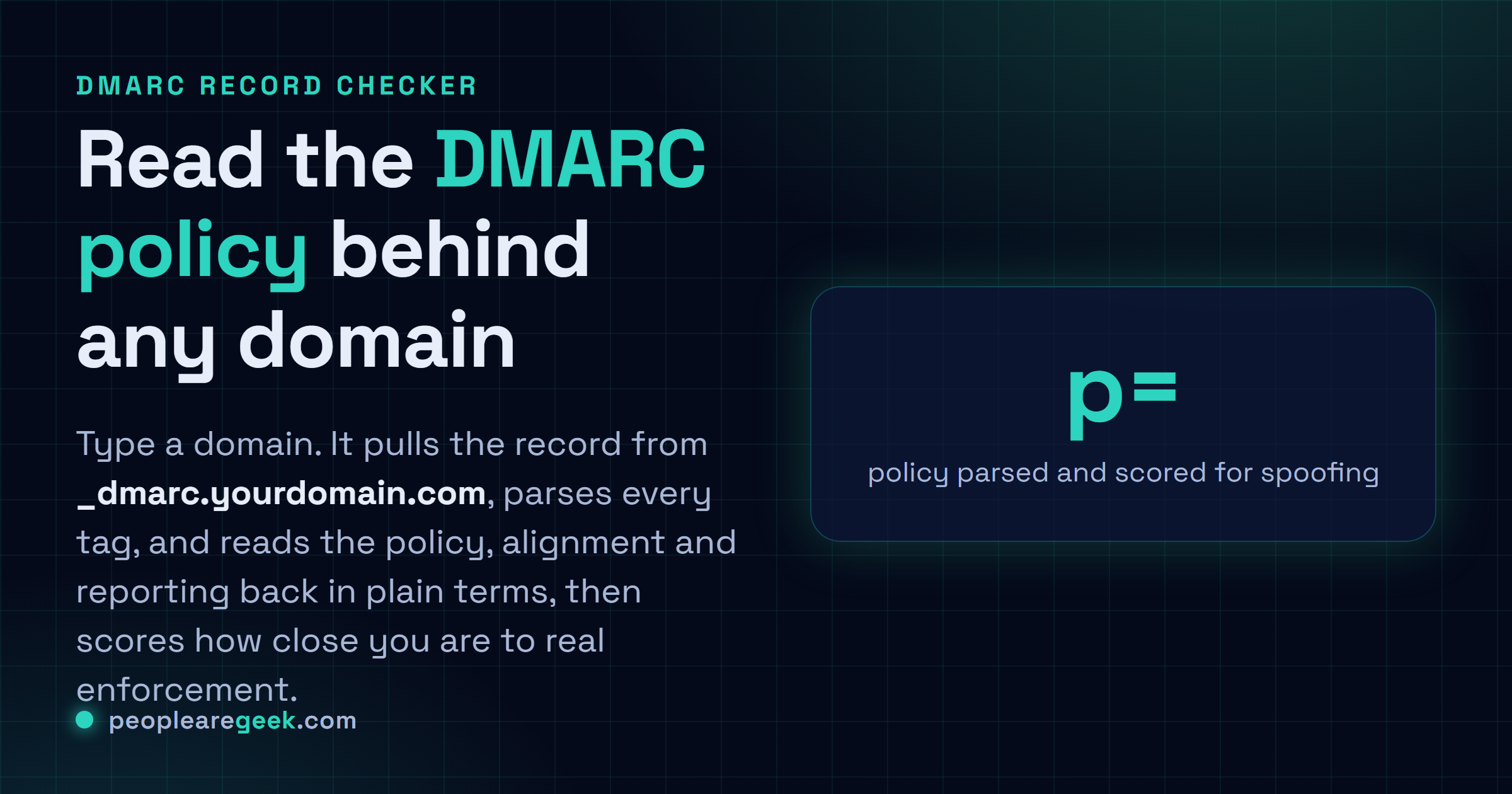 DMARC Record Checker: Pull any domain's DMARC record and read the policy, alignment and reporting back in plain terms, with a score that flags a spoofable setup.