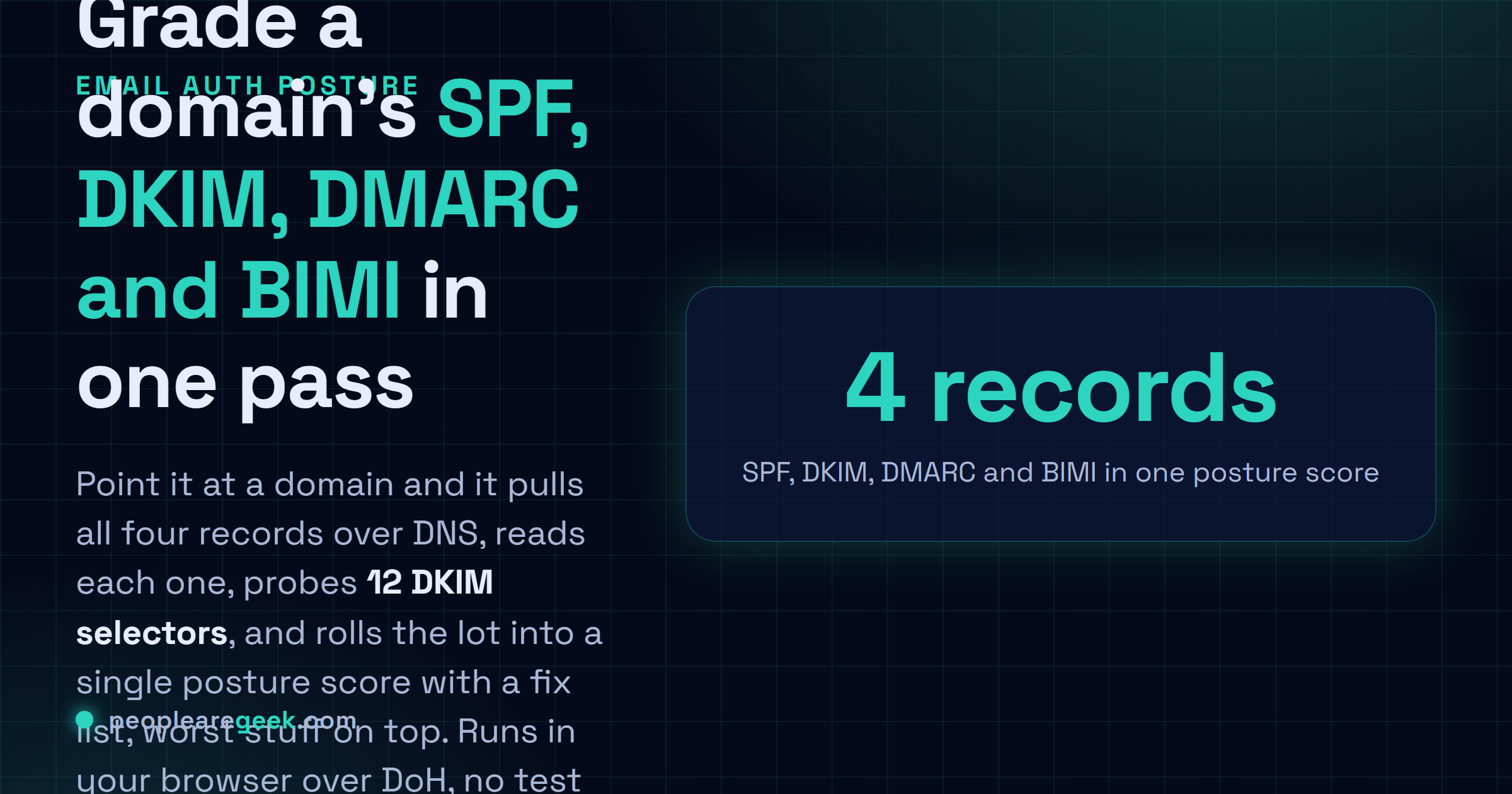 Email Auth Posture Checker: Point it at a domain and grade its SPF, DKIM, DMARC and BIMI into one posture score, with a prioritised fix list and the worst issues on top.