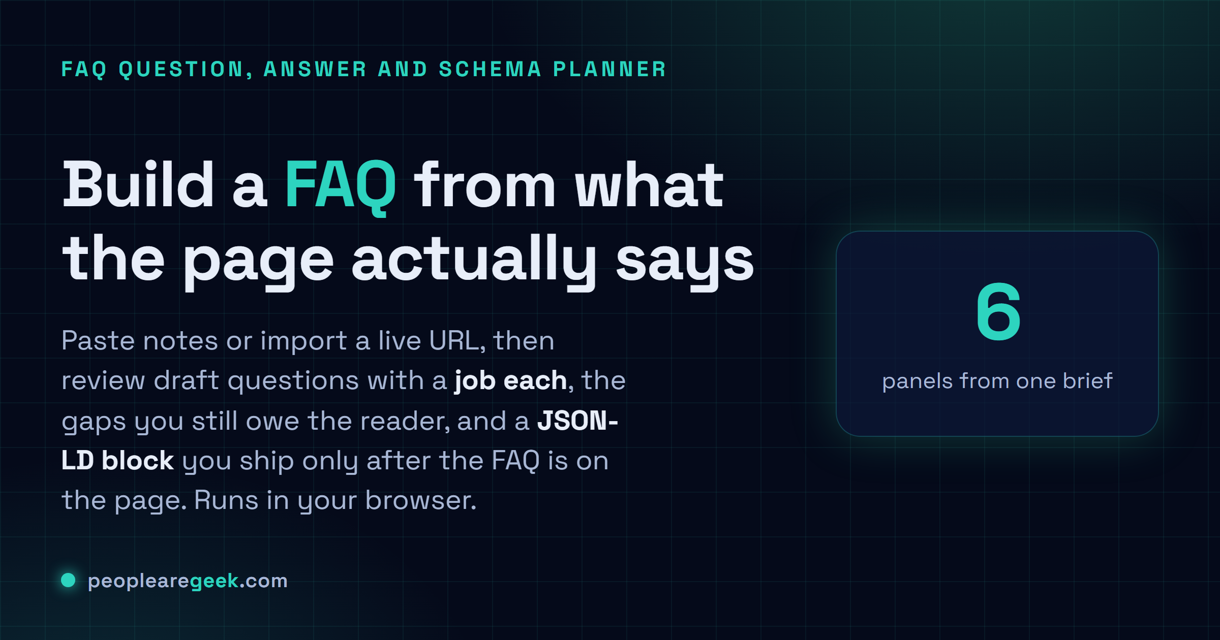 FAQ Generator: Build a focused FAQ from what a page actually says, with a question map, content gaps and a JSON-LD block you ship last.