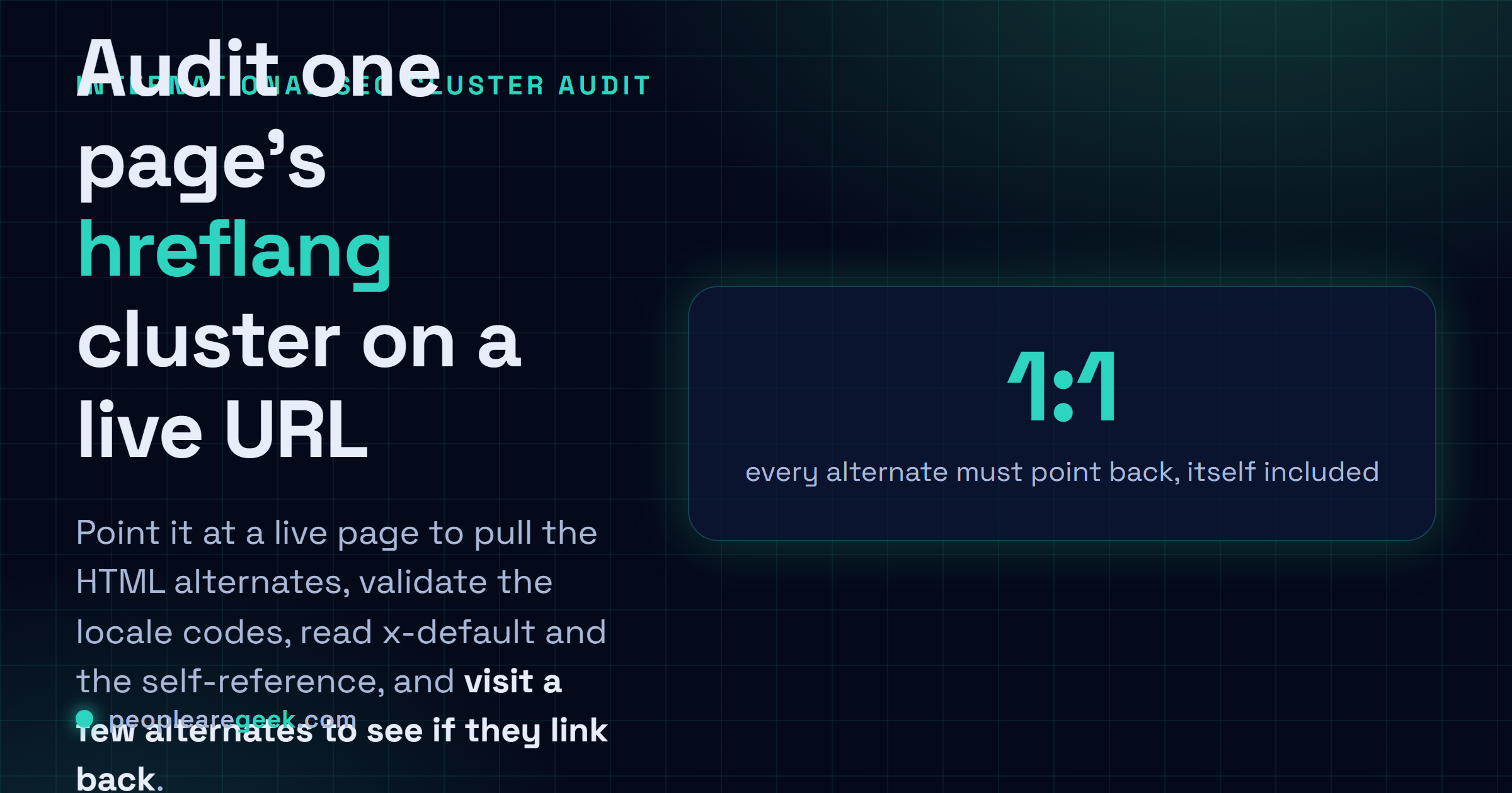 Hreflang Checker: Point it at a live page to pull the HTML hreflang alternates, validate the locale codes, read x-default and the self-reference, and sample return links.