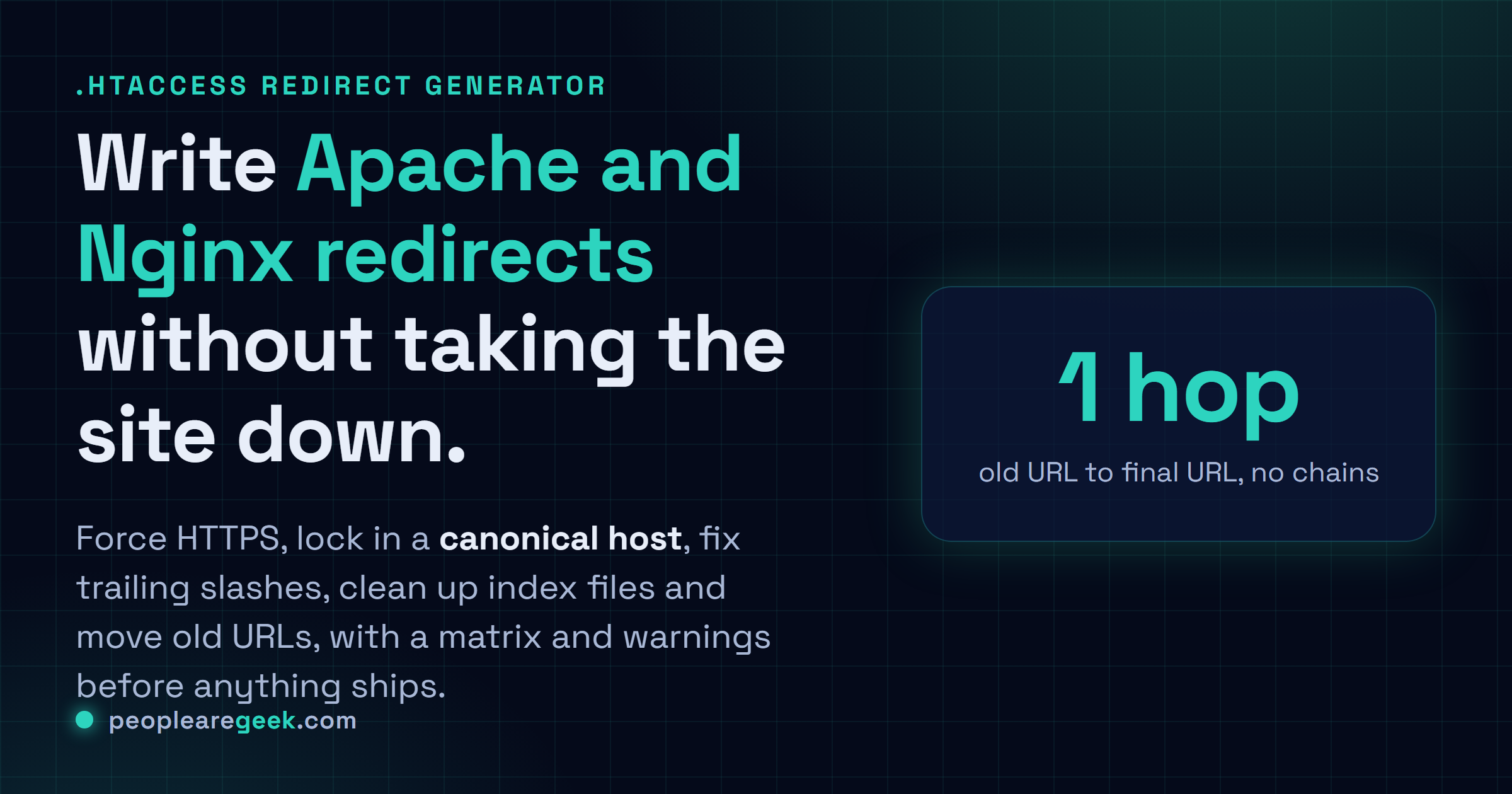 .htaccess Redirect Generator: Generate Apache .htaccess and Nginx redirect rules for HTTPS, canonical host, trailing slashes and old URL moves.