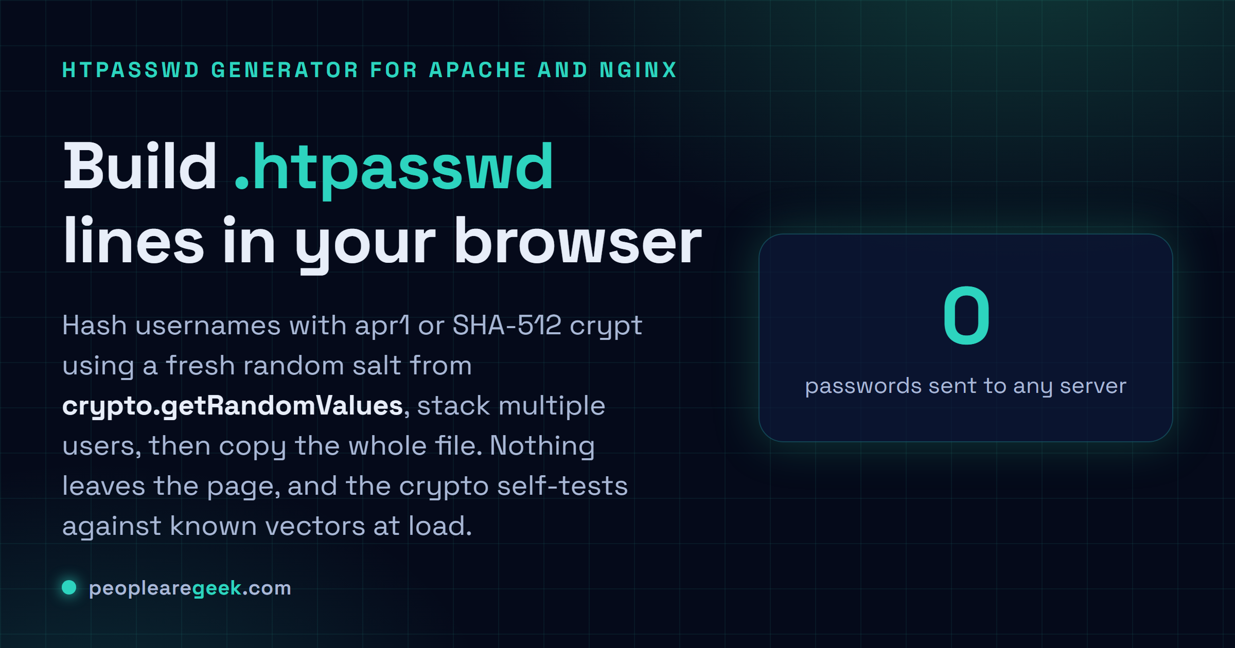 htpasswd Generator: Build .htpasswd lines for Apache and nginx in your browser, with apr1 and SHA-512 crypt, random salts and copy-ready snippets.