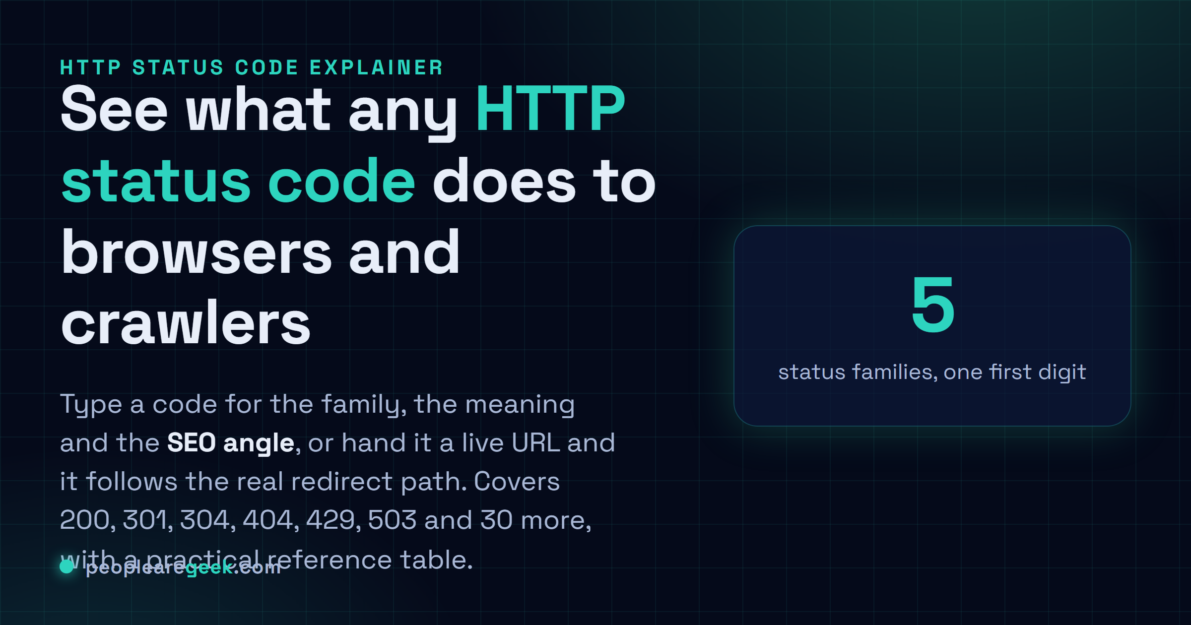 HTTP Status Code Explainer: Type any HTTP status code to see its family, what it does to browsers and crawlers, and the SEO angle, with a reference table and a live URL check.