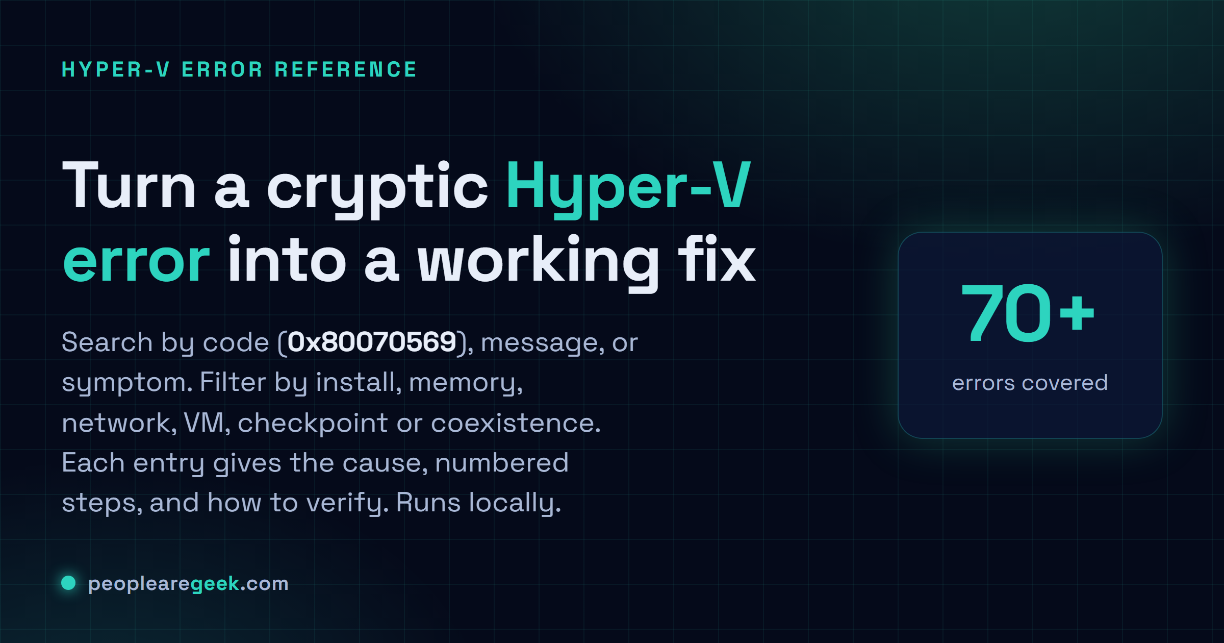 Hyper-V Error Code Reference: Searchable Hyper-V error reference: type a code, message or symptom and get the cause plus the exact numbered fix. Runs in your browser.