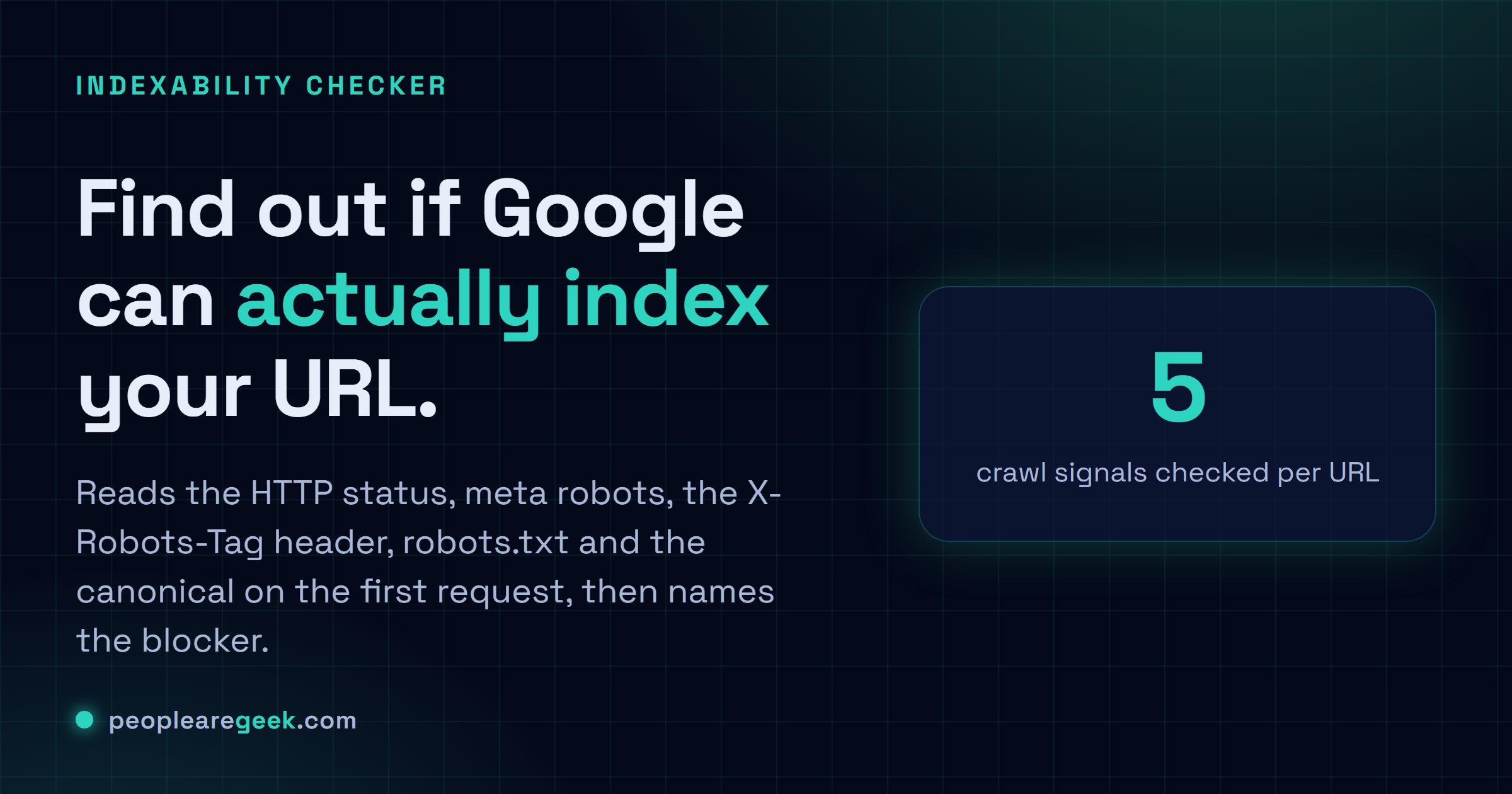 Indexability Checker: Paste a URL and see if Google can index it: HTTP status, meta robots, X-Robots-Tag, robots.txt and the canonical, with the blocker named.