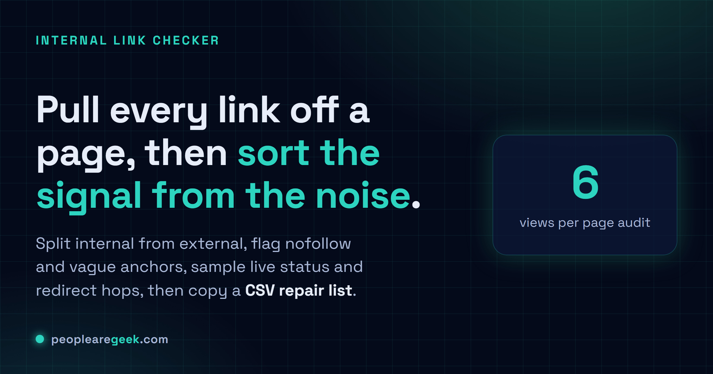 Internal Link Checker: Pull every link off a public URL, split internal from external, flag nofollow and vague anchors, sample live status and redirect hops, then copy a CSV repair list.