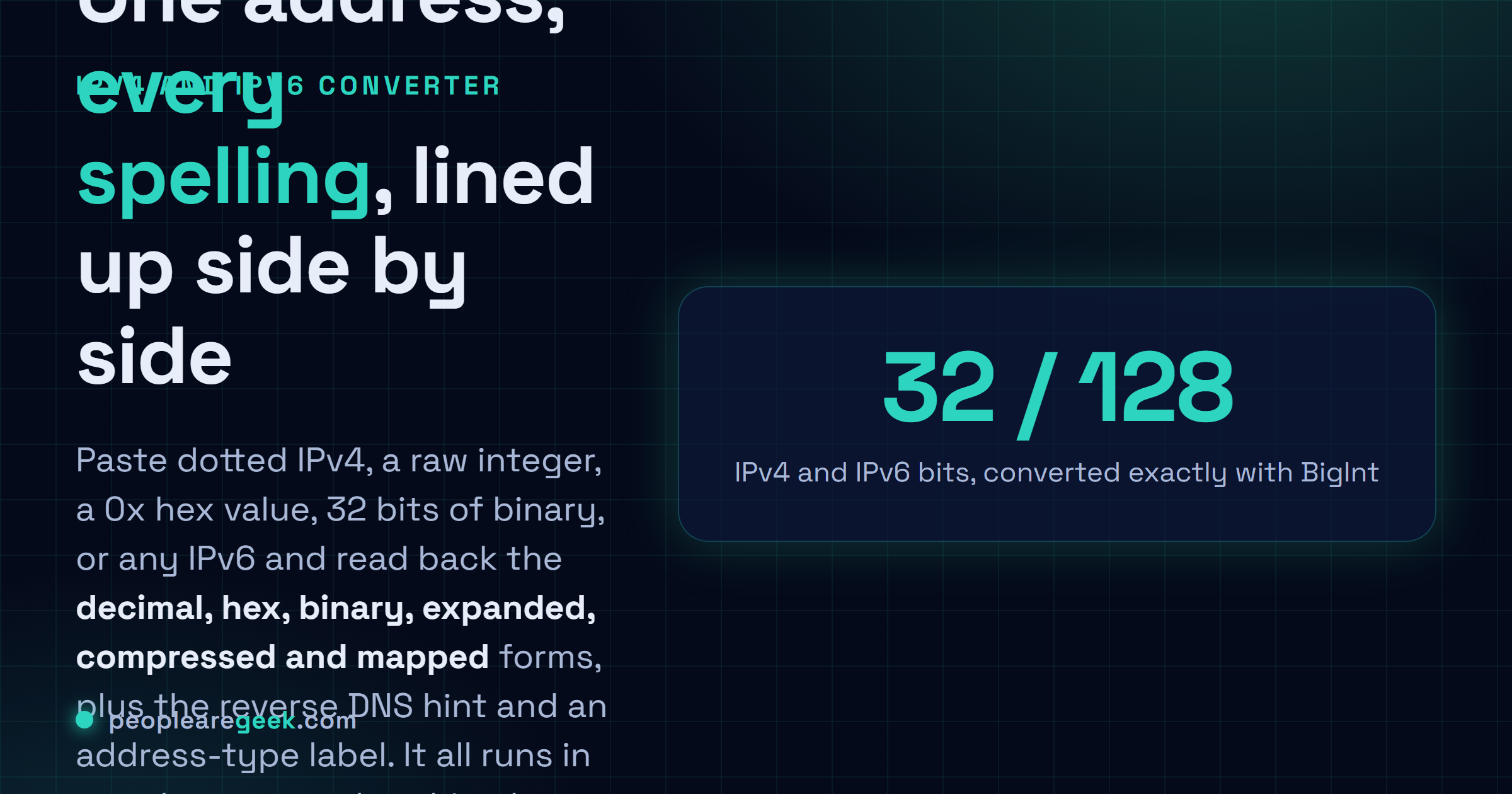 IPv4 and IPv6 Converter: Paste one address and read back every form: dotted, integer, hex, binary, expanded, compressed and mapped.