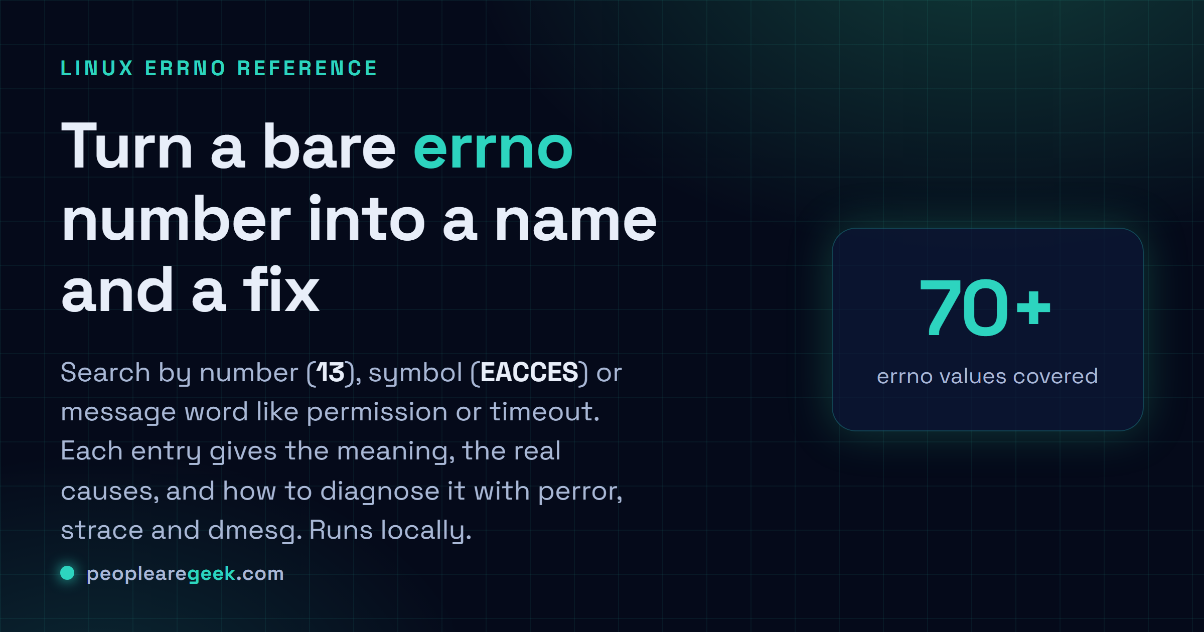 Linux errno Reference: Search Linux errno values by number, name or message.