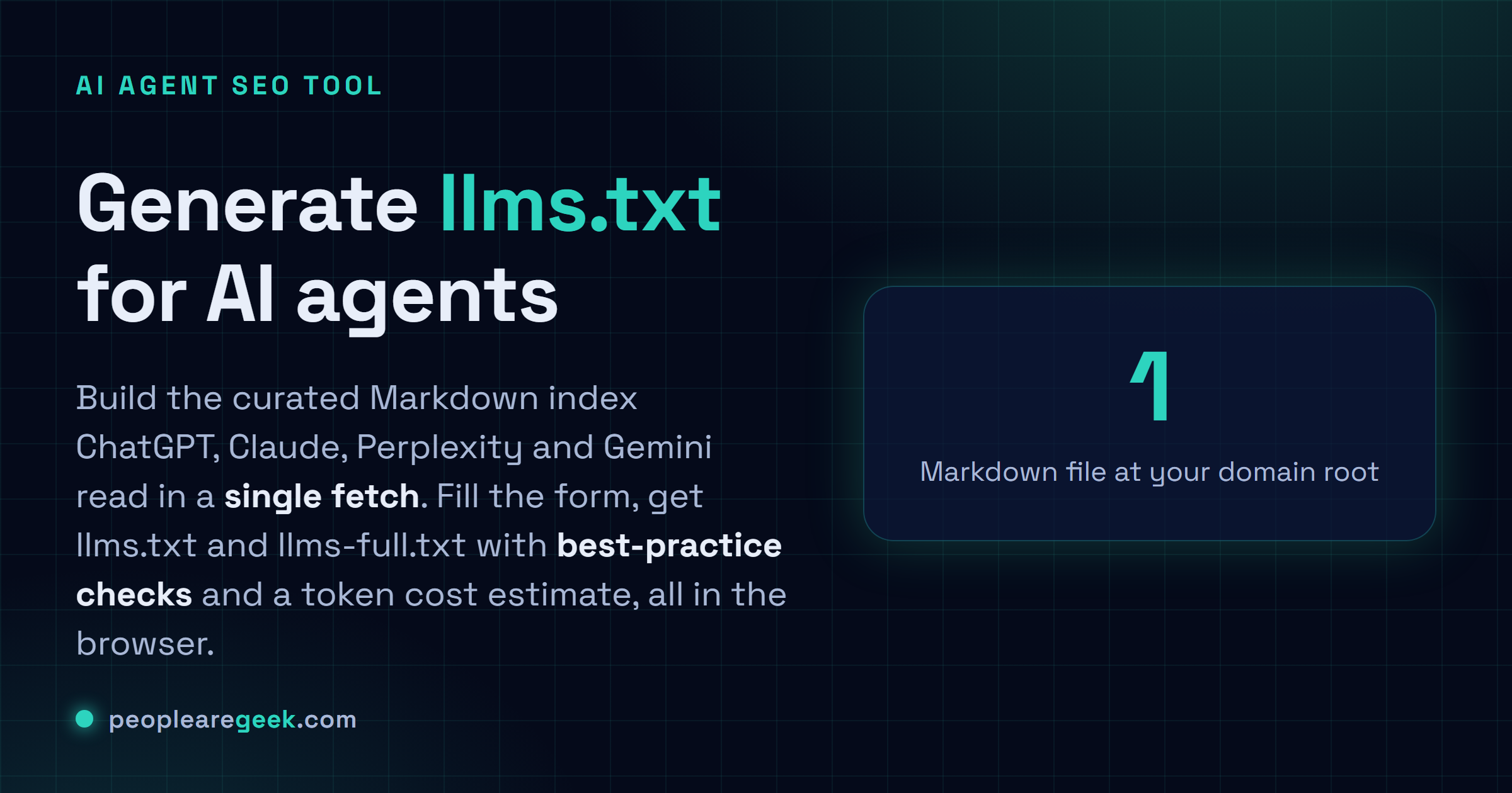 llms.txt Generator for AI Agents: Build the curated Markdown index that ChatGPT, Claude, Perplexity and Gemini read in one fetch, with best-practice checks.