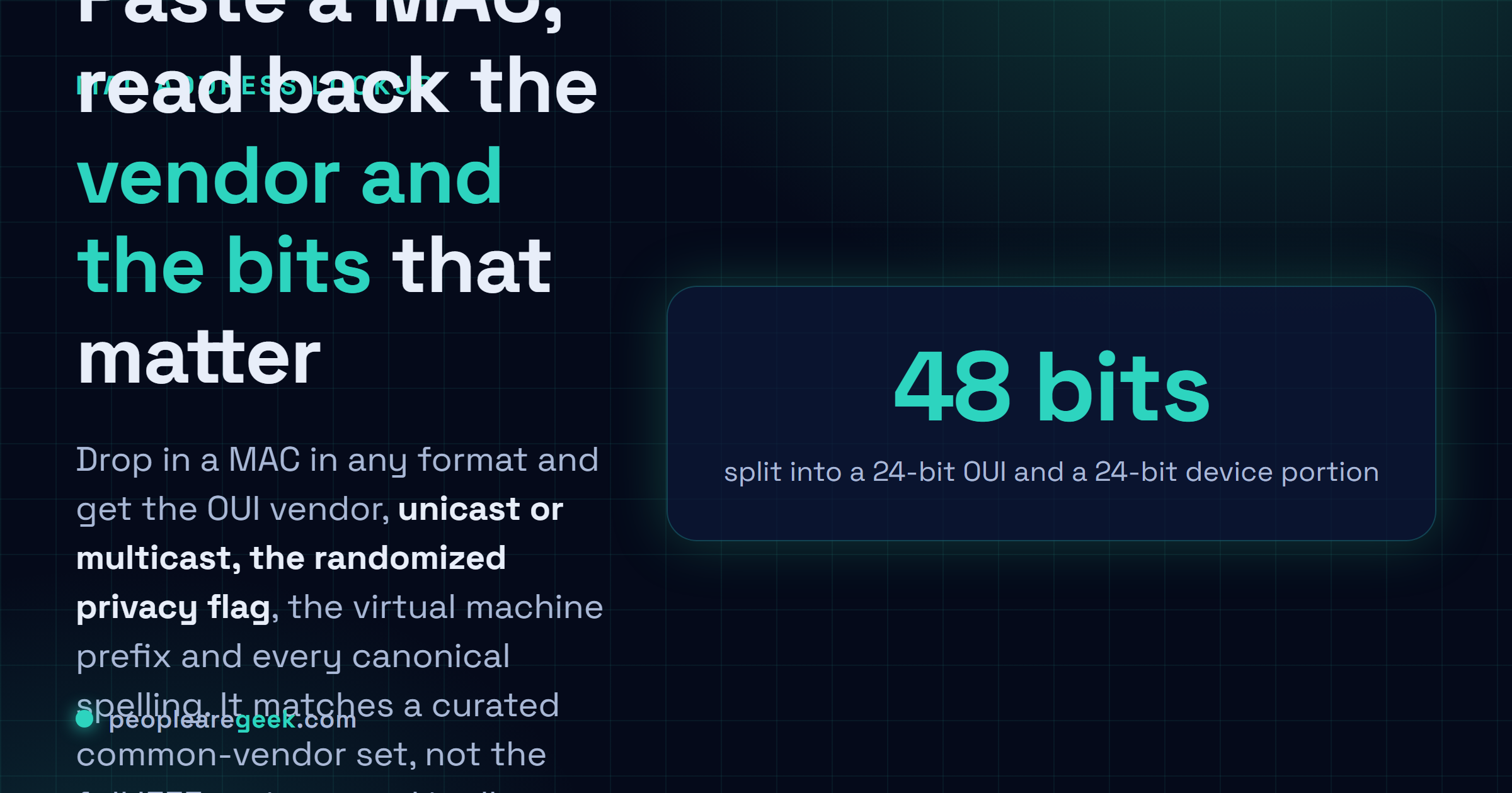 MAC Address Lookup: Paste a MAC in any format and read back the OUI vendor, the cast and admin bits, the VM prefix and every spelling.