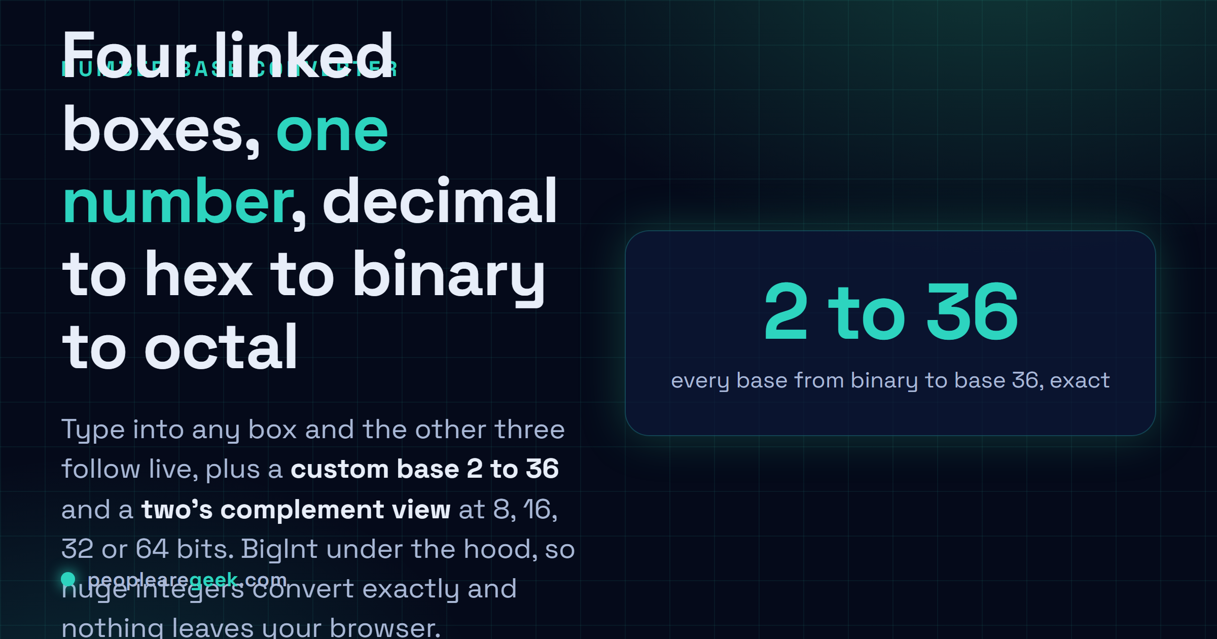 Number Base Converter: Convert decimal, hex, binary and octal live in four linked boxes, with a custom base and two's complement.