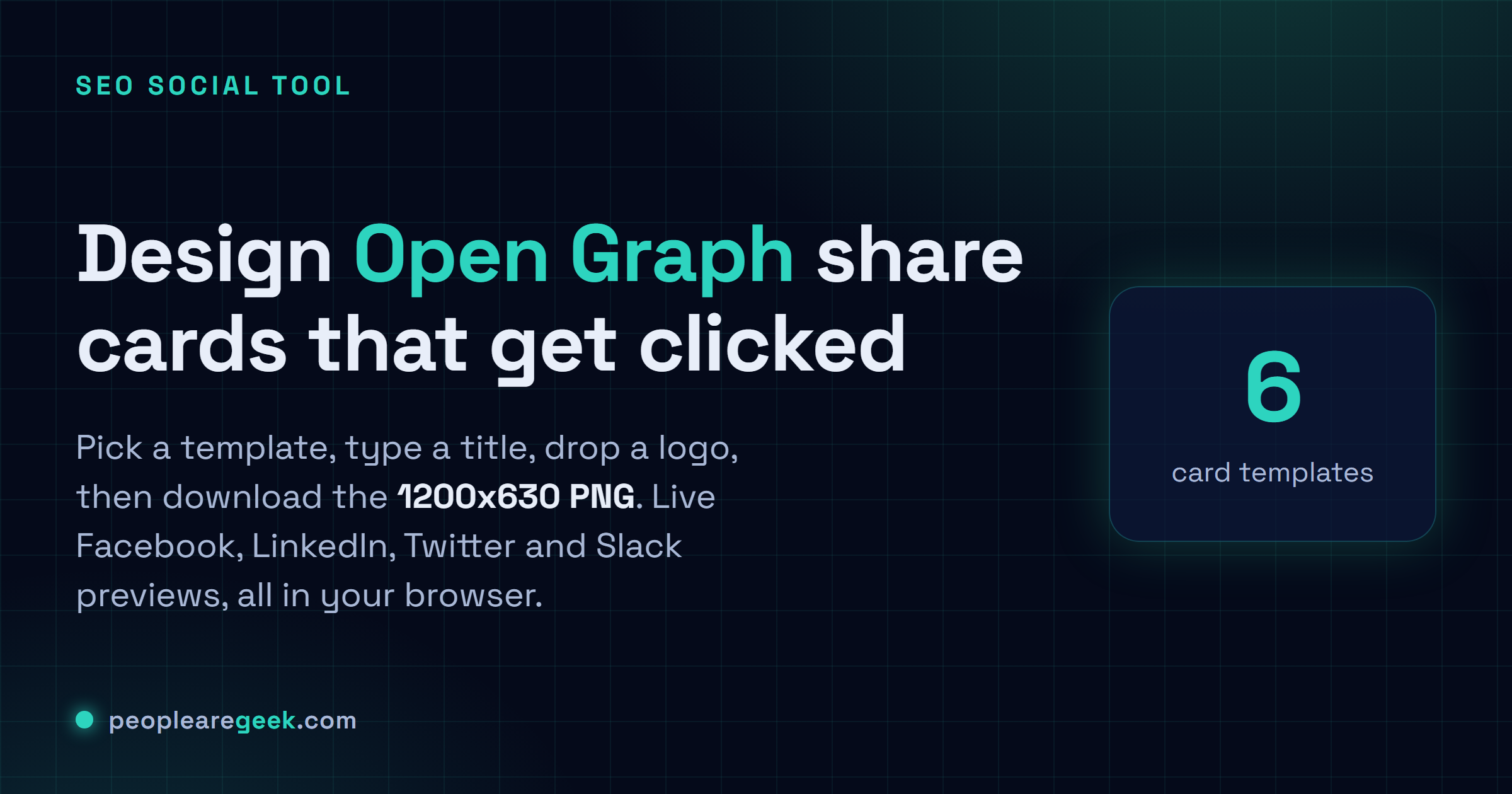 OG Image Preview Studio: Design and download Open Graph share-card images (1200x630 PNG) in your browser, with six templates and live Facebook, LinkedIn, Twitter and Slack previews.