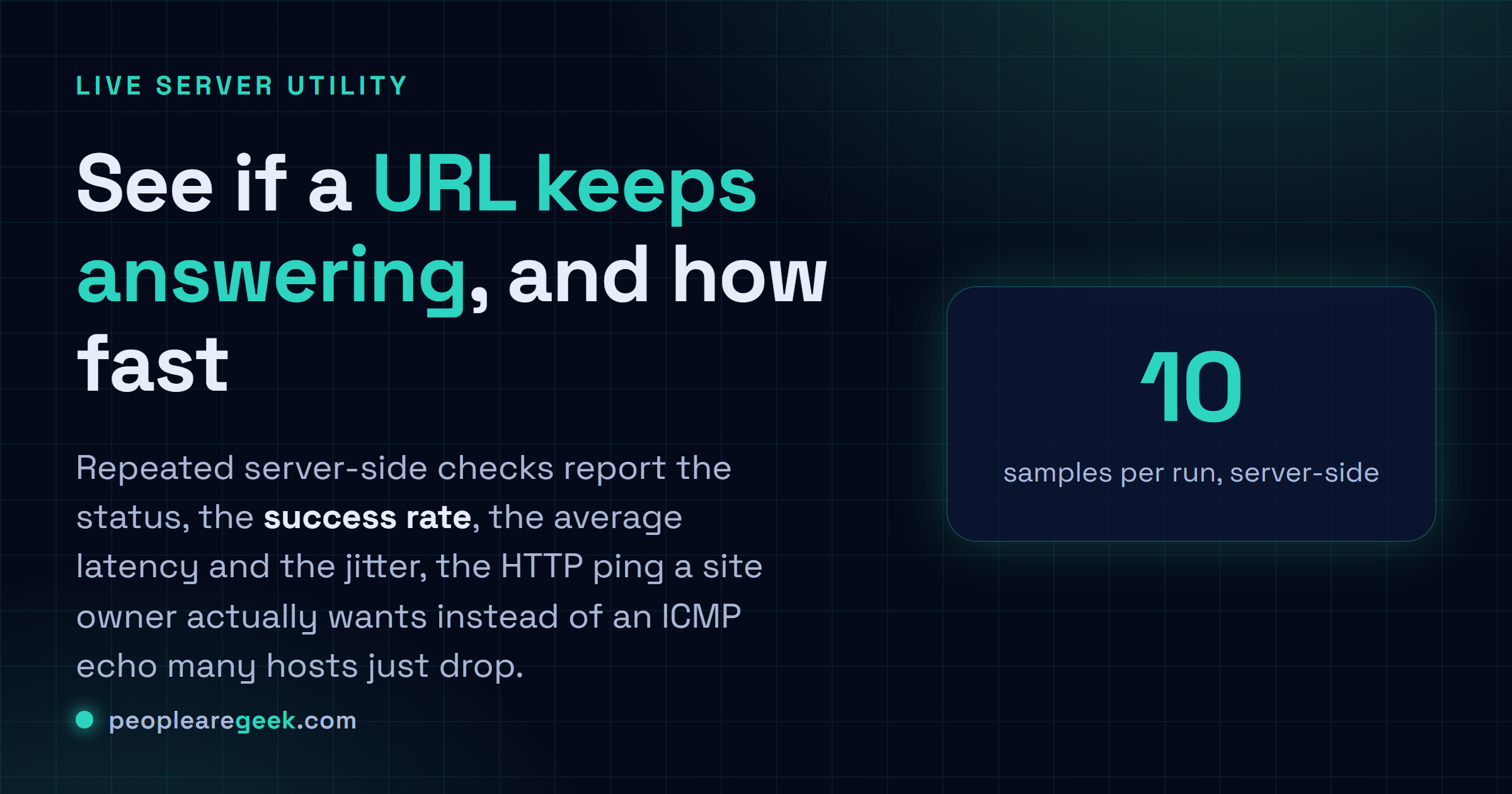 HTTP Ping Test: Run repeated HTTP checks on any URL and read status, success rate, average latency and jitter.