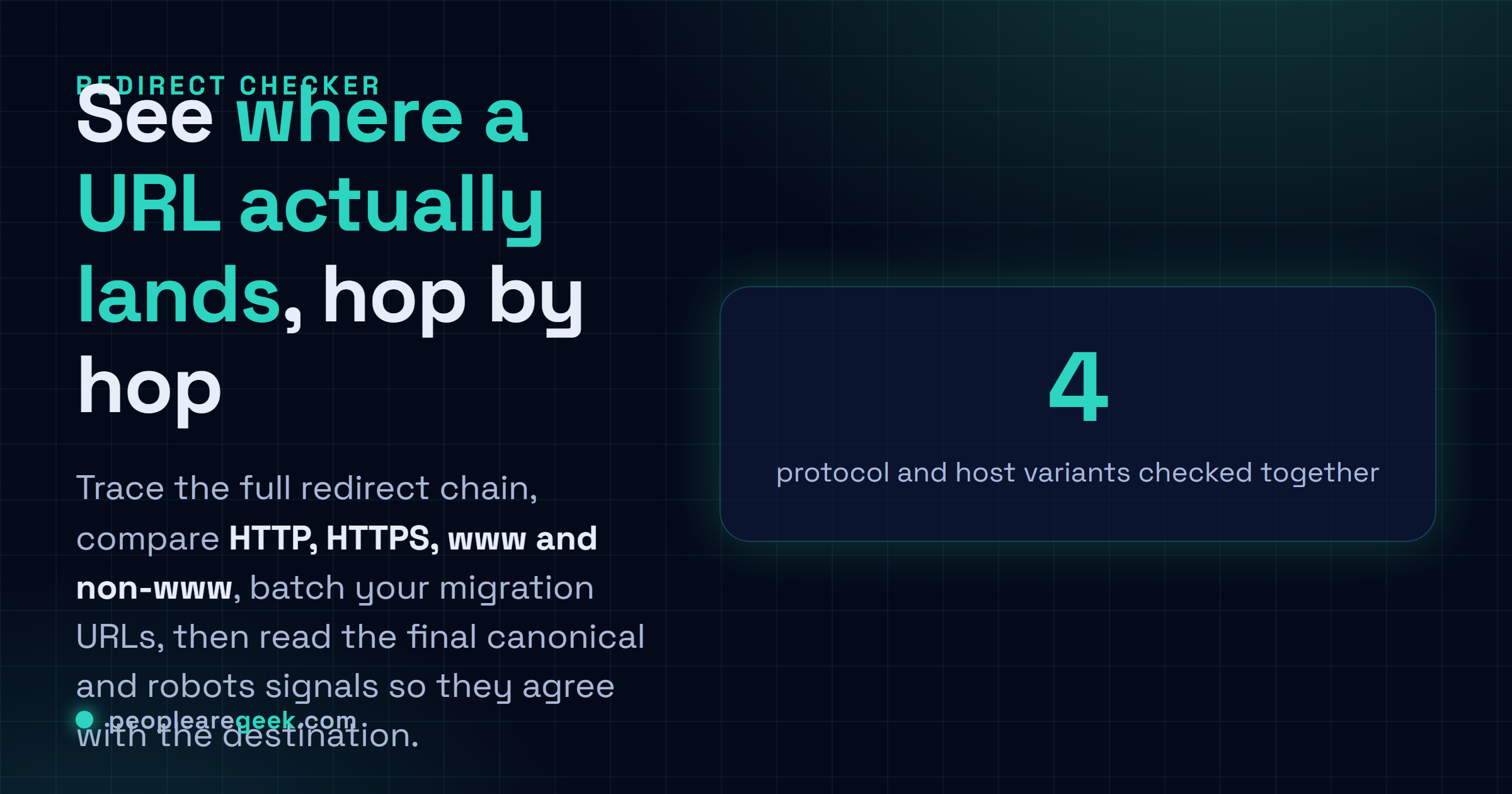 Redirect Checker: Trace a redirect chain hop by hop, compare HTTP, HTTPS, www and non-www, batch your migration URLs, then read the final canonical and robots signals.