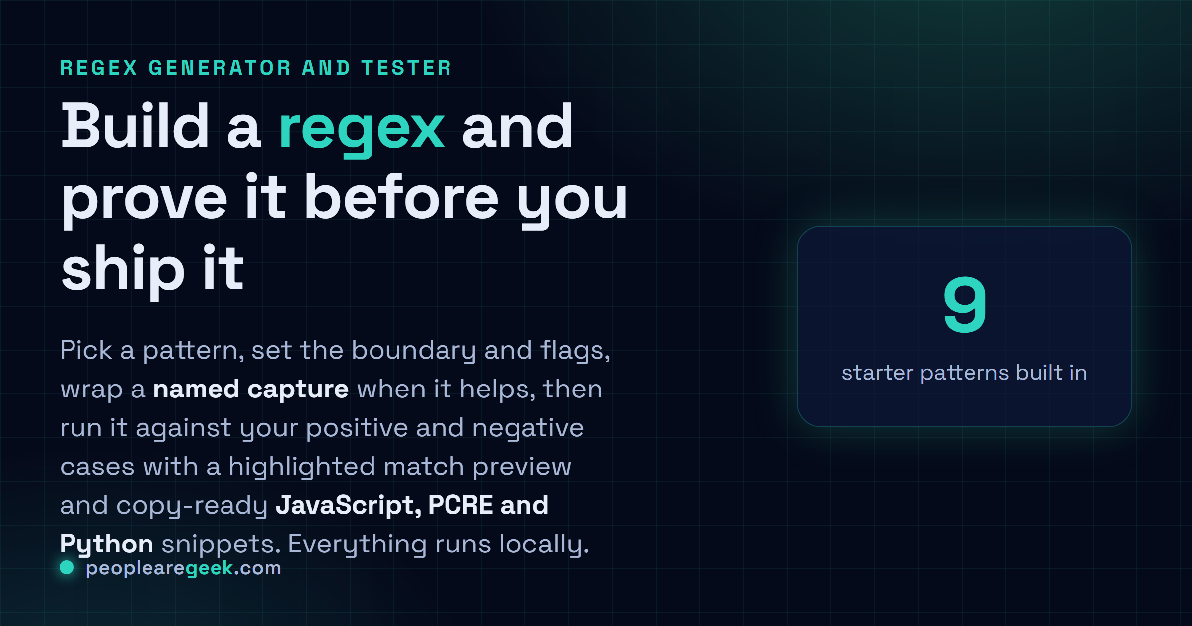 Regex Generator and Tester: Build a practical regex, set the boundaries and flags, then test it against your positive and negative cases. Runs locally in your browser.