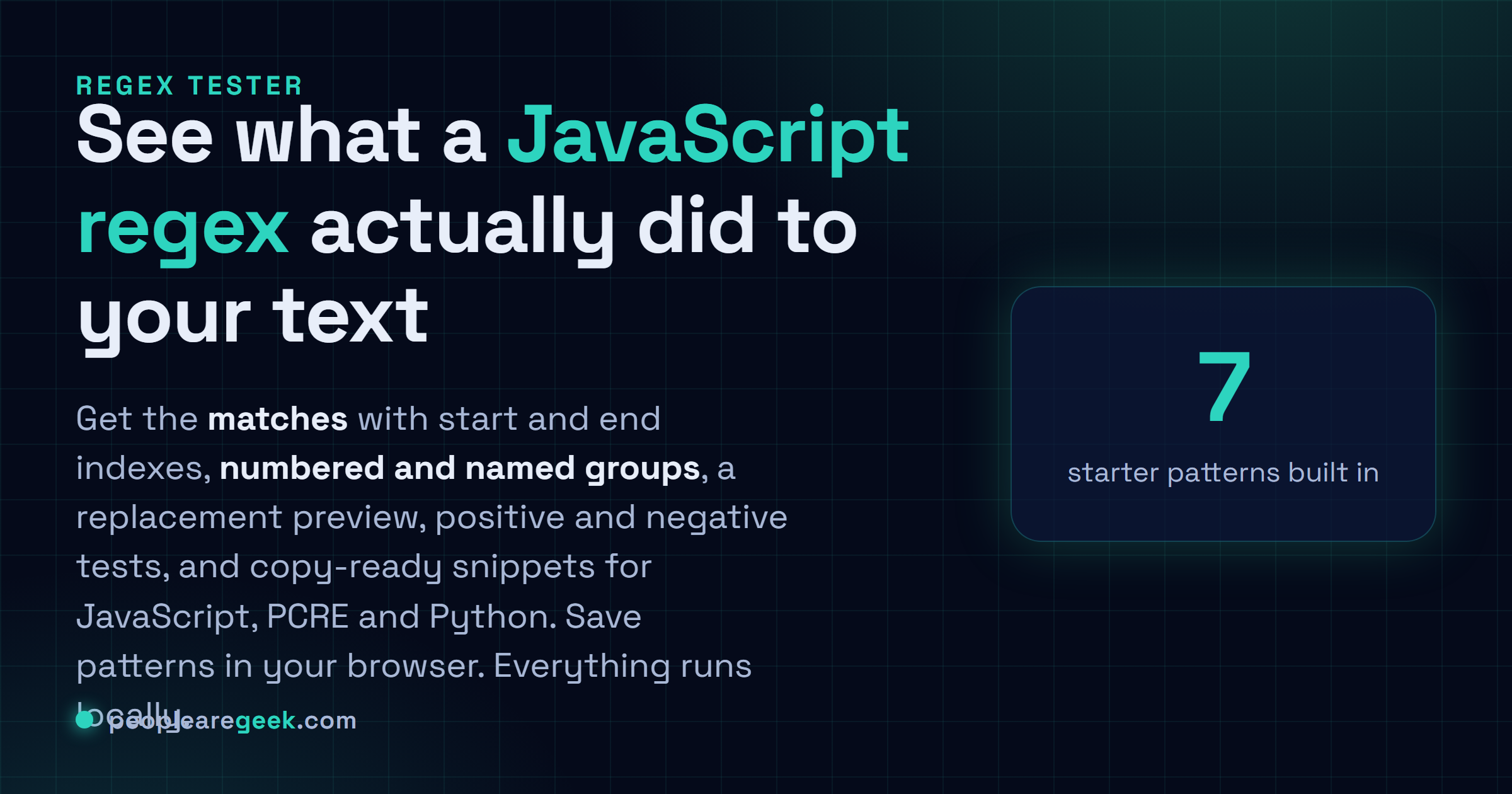 Regex Tester: Test a JavaScript regex on real text, with named groups, replace preview and saved patterns.