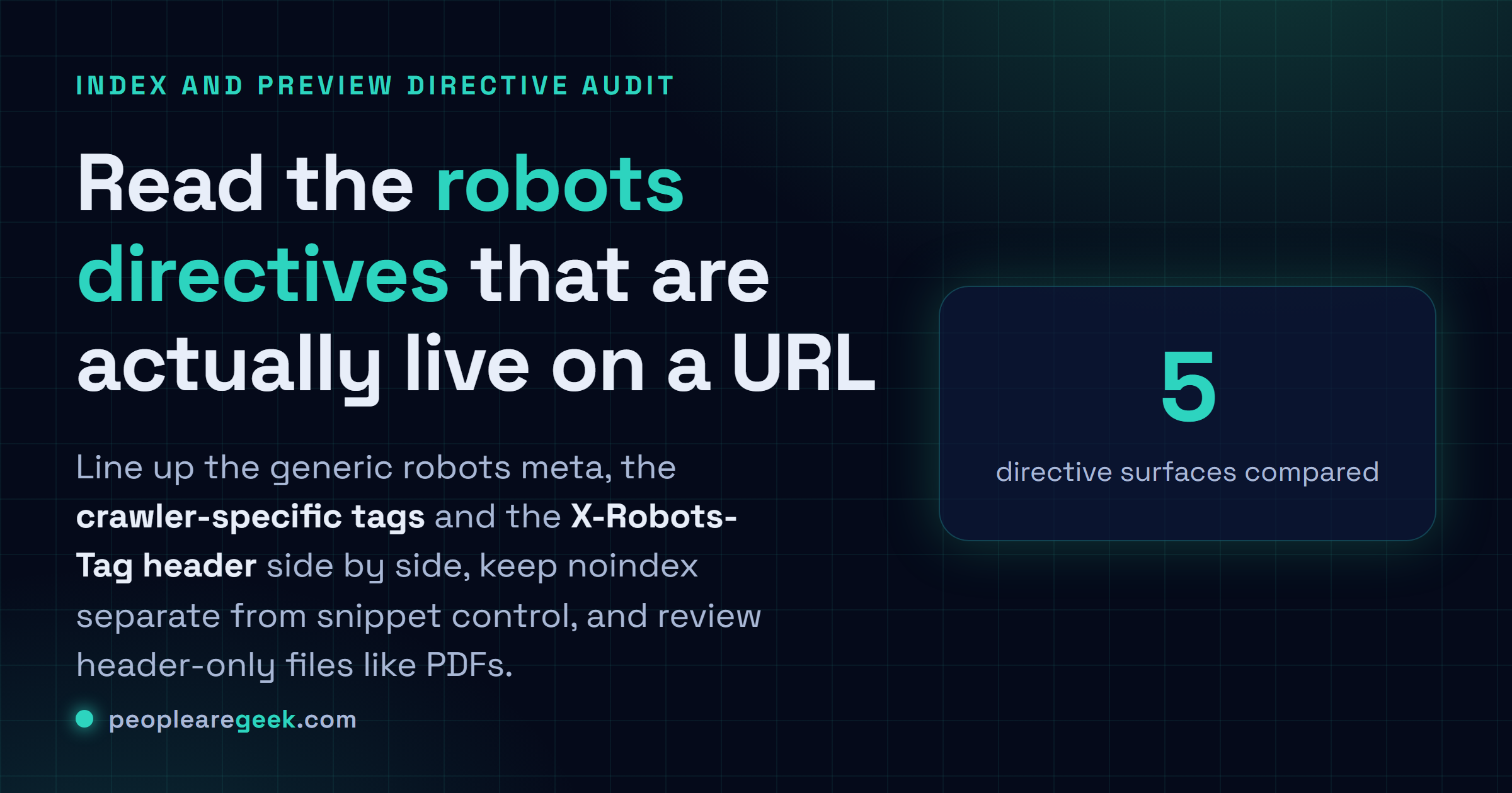 Robots Meta Checker: Read the robots meta tags and X-Robots-Tag header on any URL, line up the crawler-specific directives, and keep index control separate from snippet control.