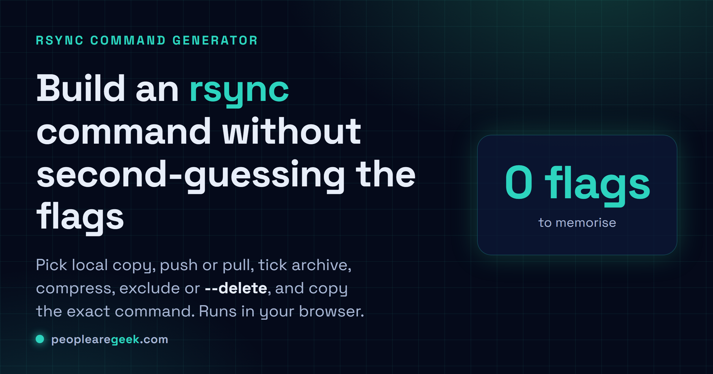 rsync Command Generator: Build rsync commands for local copies, backups and SSH transfers, with every flag explained.
