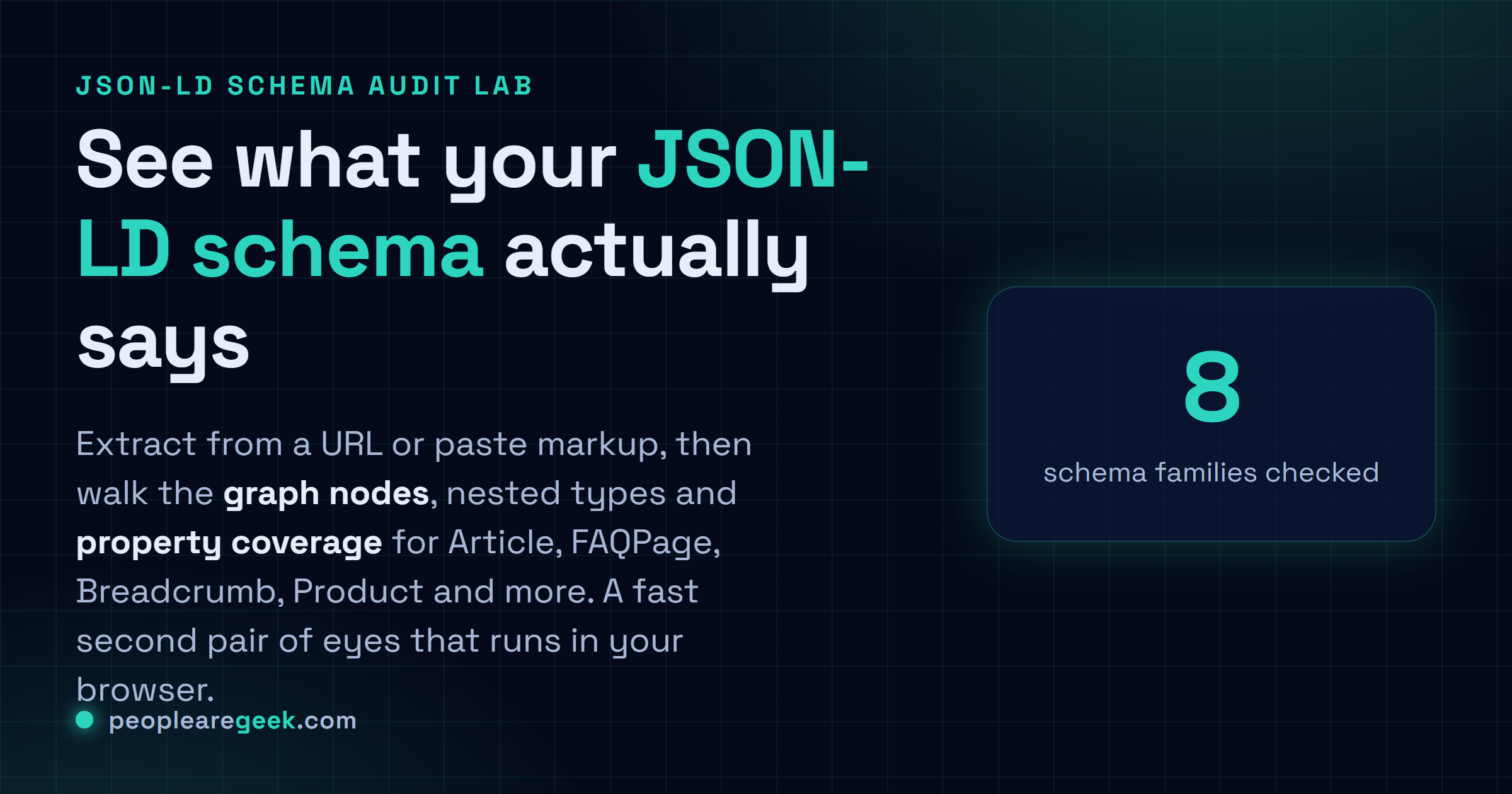 Schema Markup Validator: Extract JSON-LD from a URL or pasted markup, walk the graph nodes and nested types, and read property coverage for common schema families.