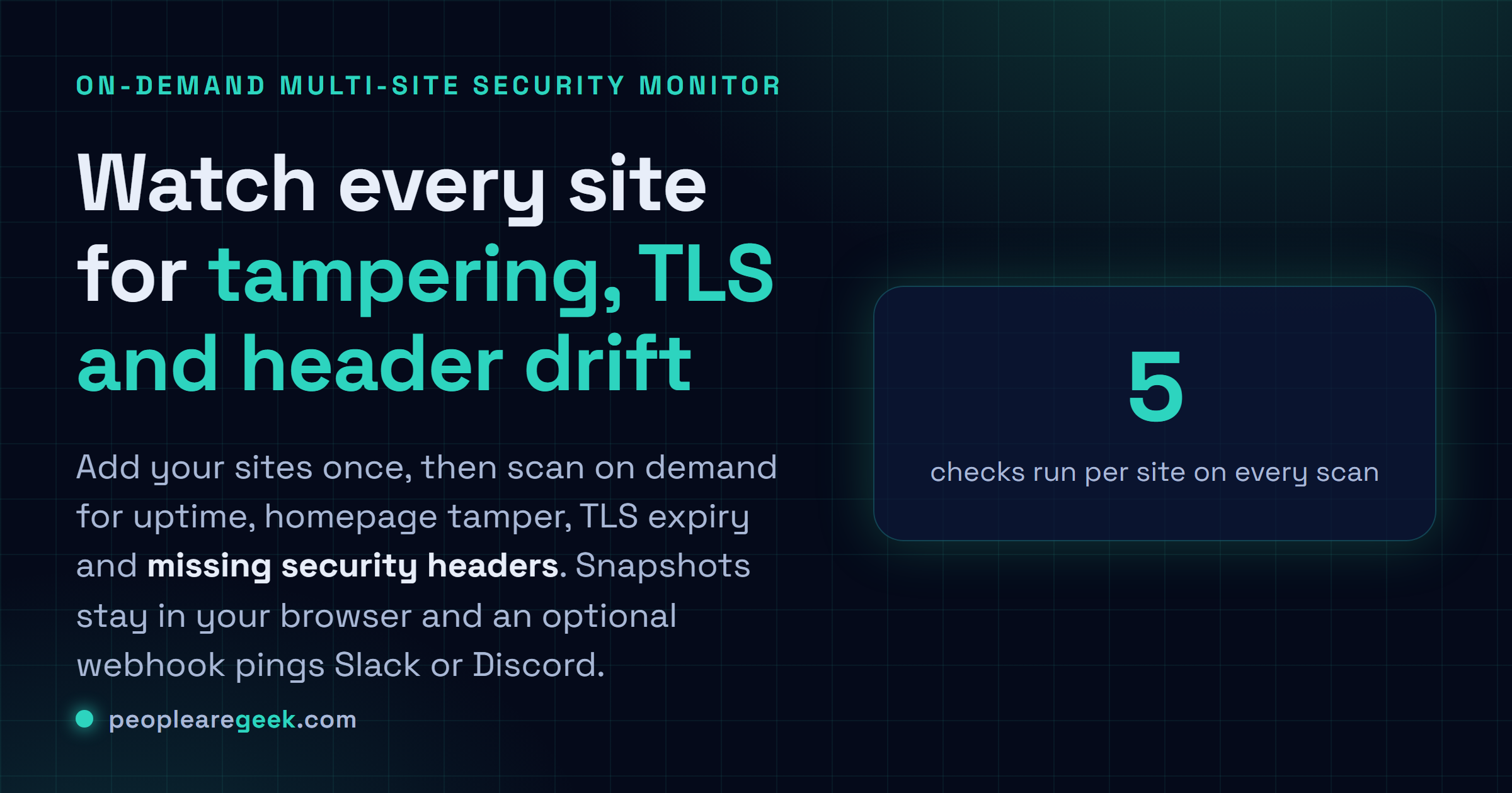 SecurityWatch Multi-Site Monitor: Watch a list of sites five ways at once: uptime, homepage tamper, TLS expiry, missing security headers and WordPress drift, with an optional webhook.