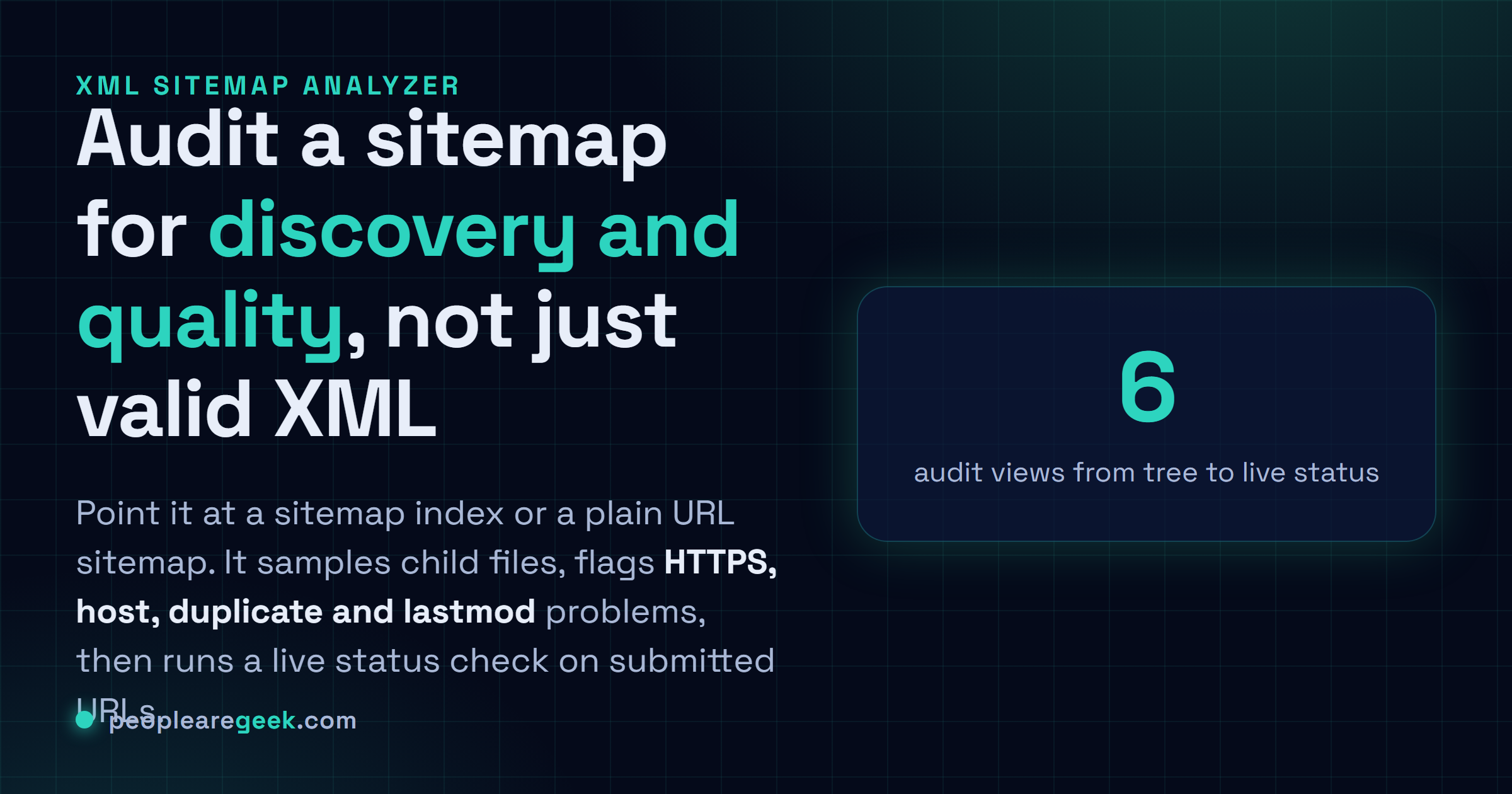 XML Sitemap Analyzer: Point it at a sitemap index or a plain URL sitemap, sample the child files, flag hygiene problems and run a live status check on submitted URLs.