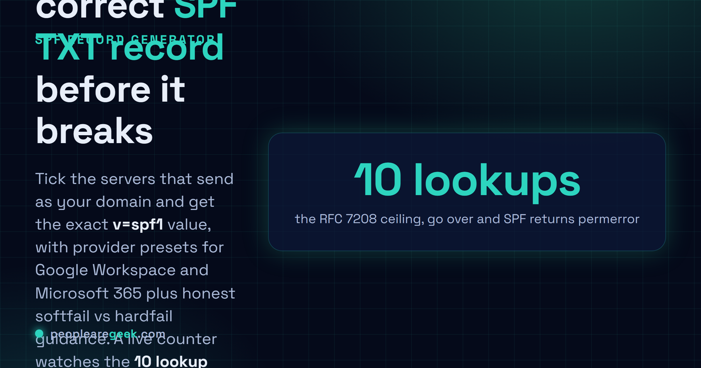 SPF Record Generator: Build a correct SPF TXT record with provider presets and a live DNS lookup counter that warns you before you hit the 10 lookup wall.