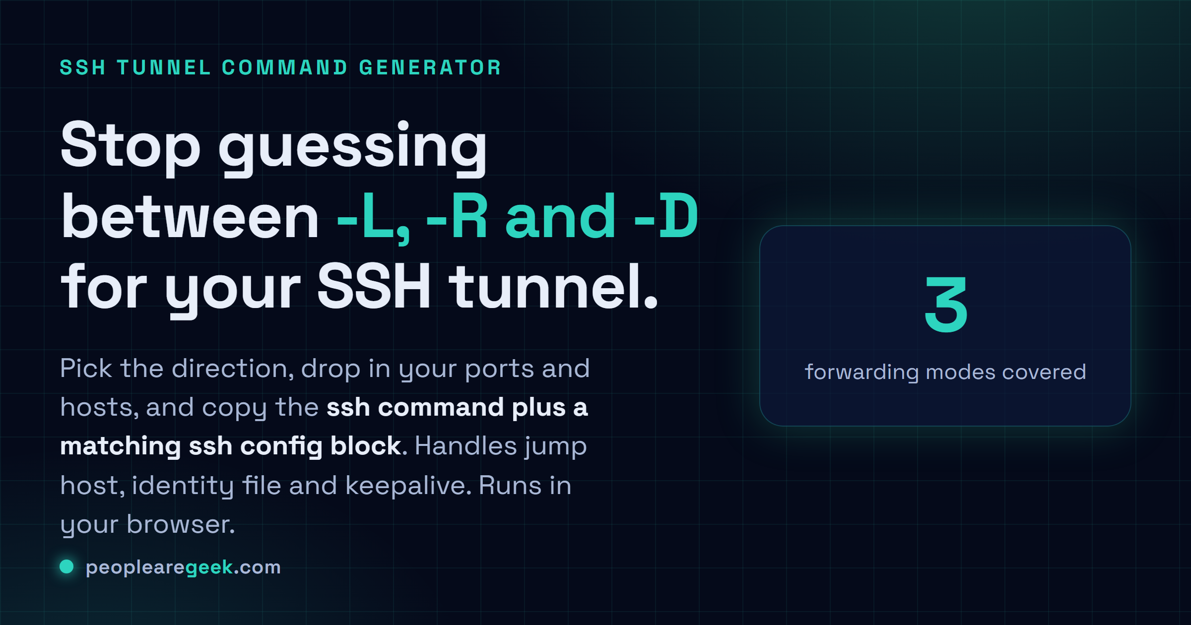SSH Tunnel Command Generator: Pick a direction, drop in your ports and hosts, and copy the ssh tunnel command plus a matching ssh config block.