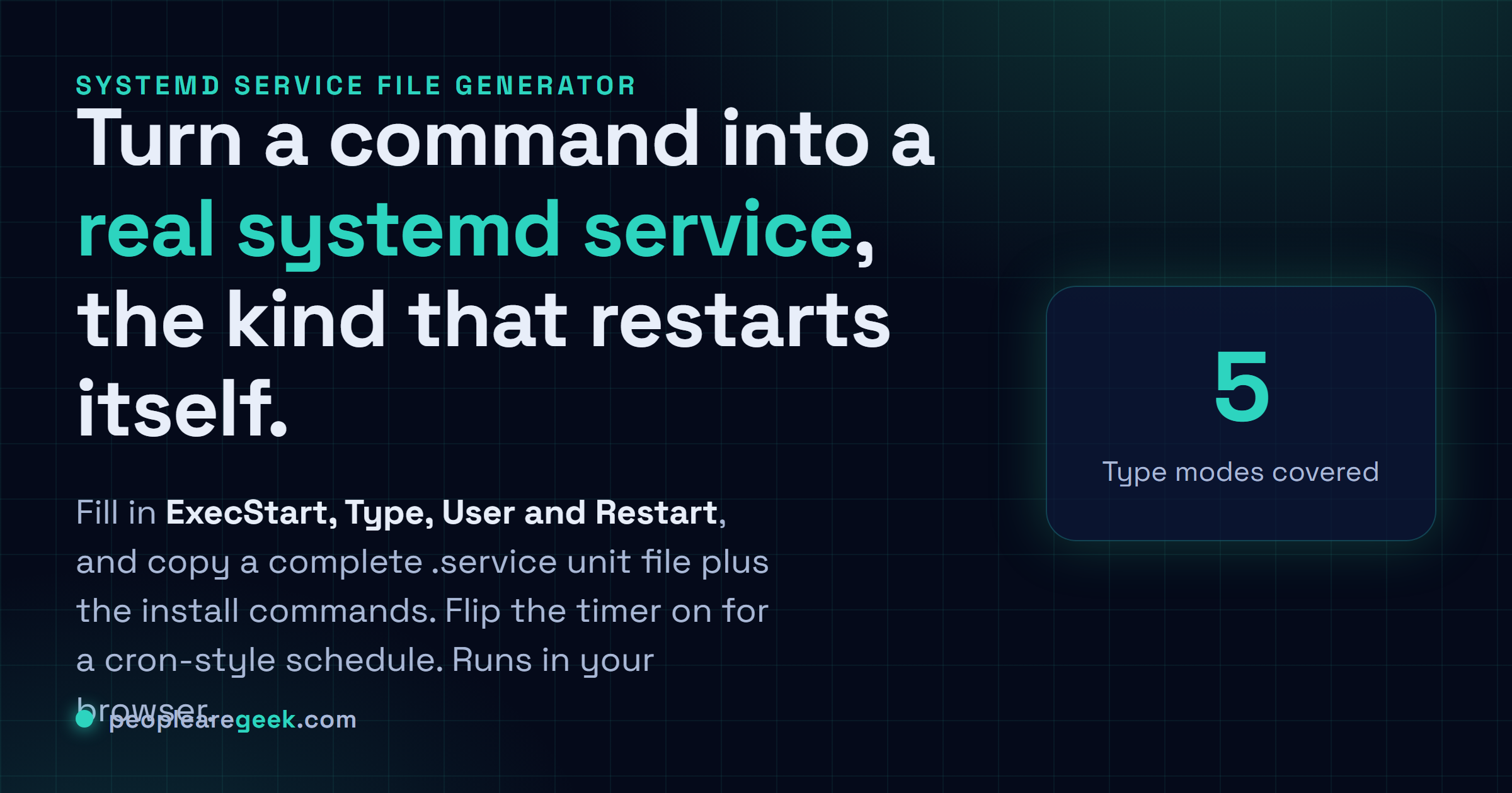 systemd Service File Generator: Turn a command into a real systemd service: fill in ExecStart, Type, User and Restart, and copy a ready unit file plus the install commands.