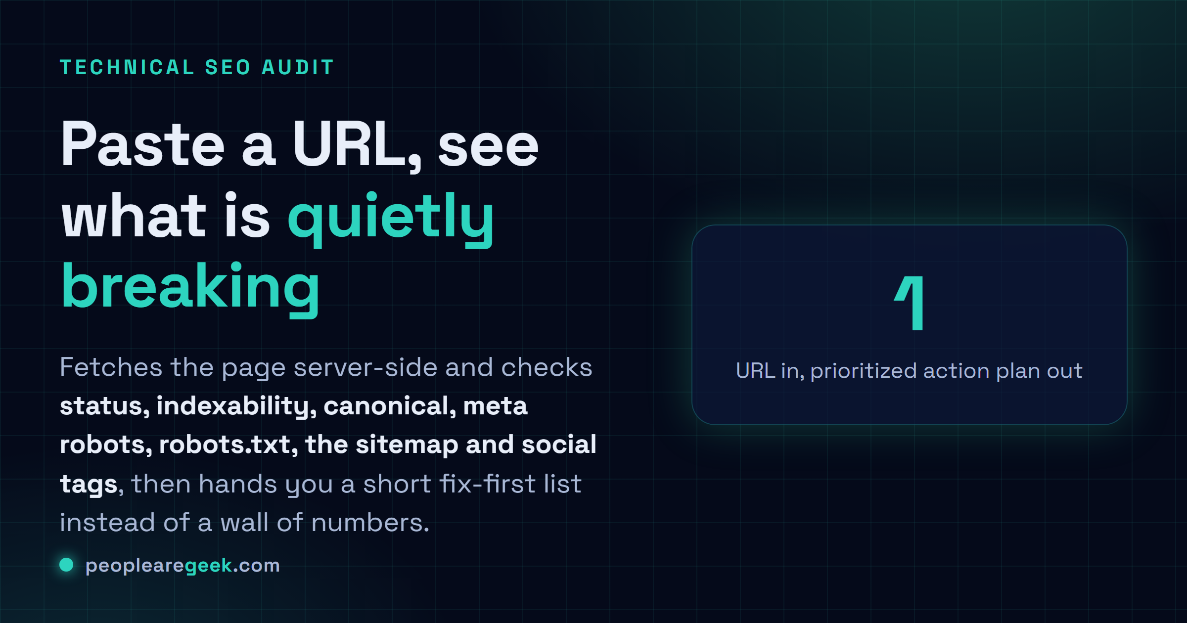 Technical SEO Audit Tool: Paste a live URL and get a fix-first audit: status, indexability, canonical, meta robots, robots.txt, sitemap and social tags, all read server-side.