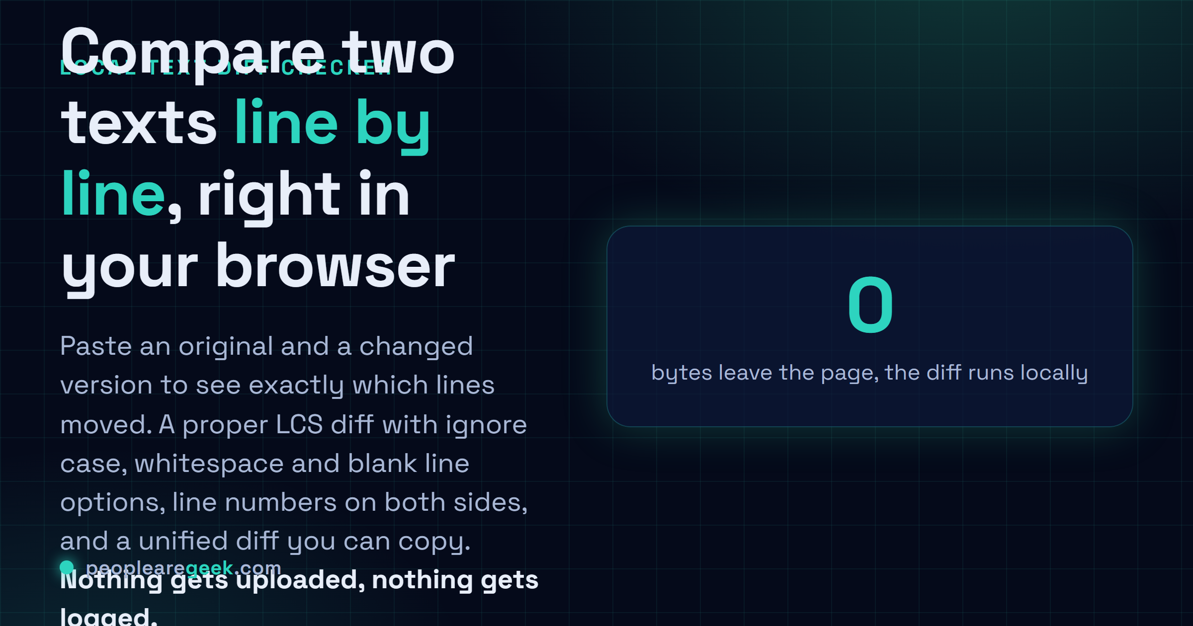 Text Diff Checker: Compare two texts line by line, with ignore case, whitespace and blank line options, plus a unified diff you can copy.