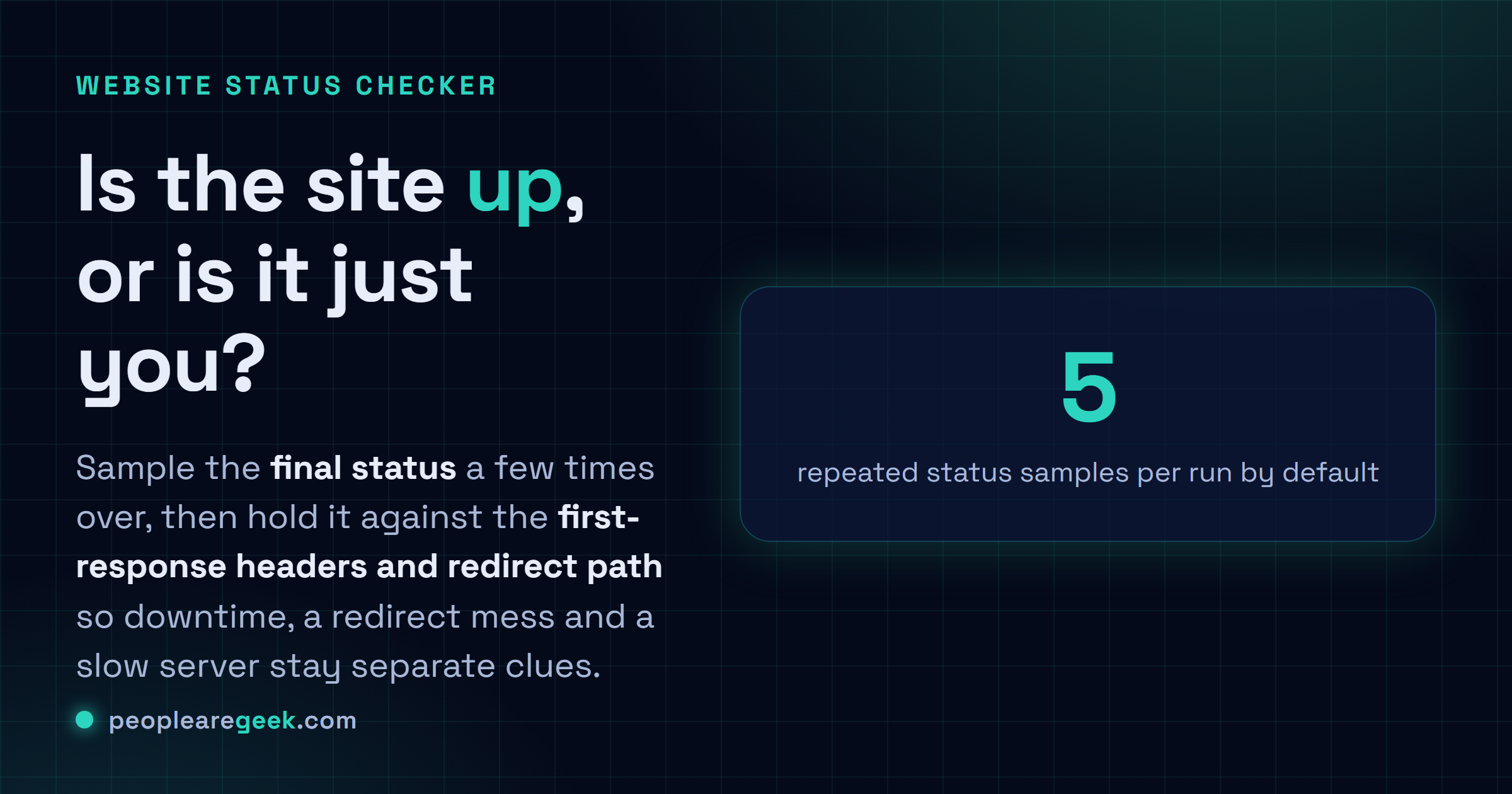 Website Status Checker: Sample a site's final status a few times over, compare it against the first-response headers and redirect path, and read an availability report.