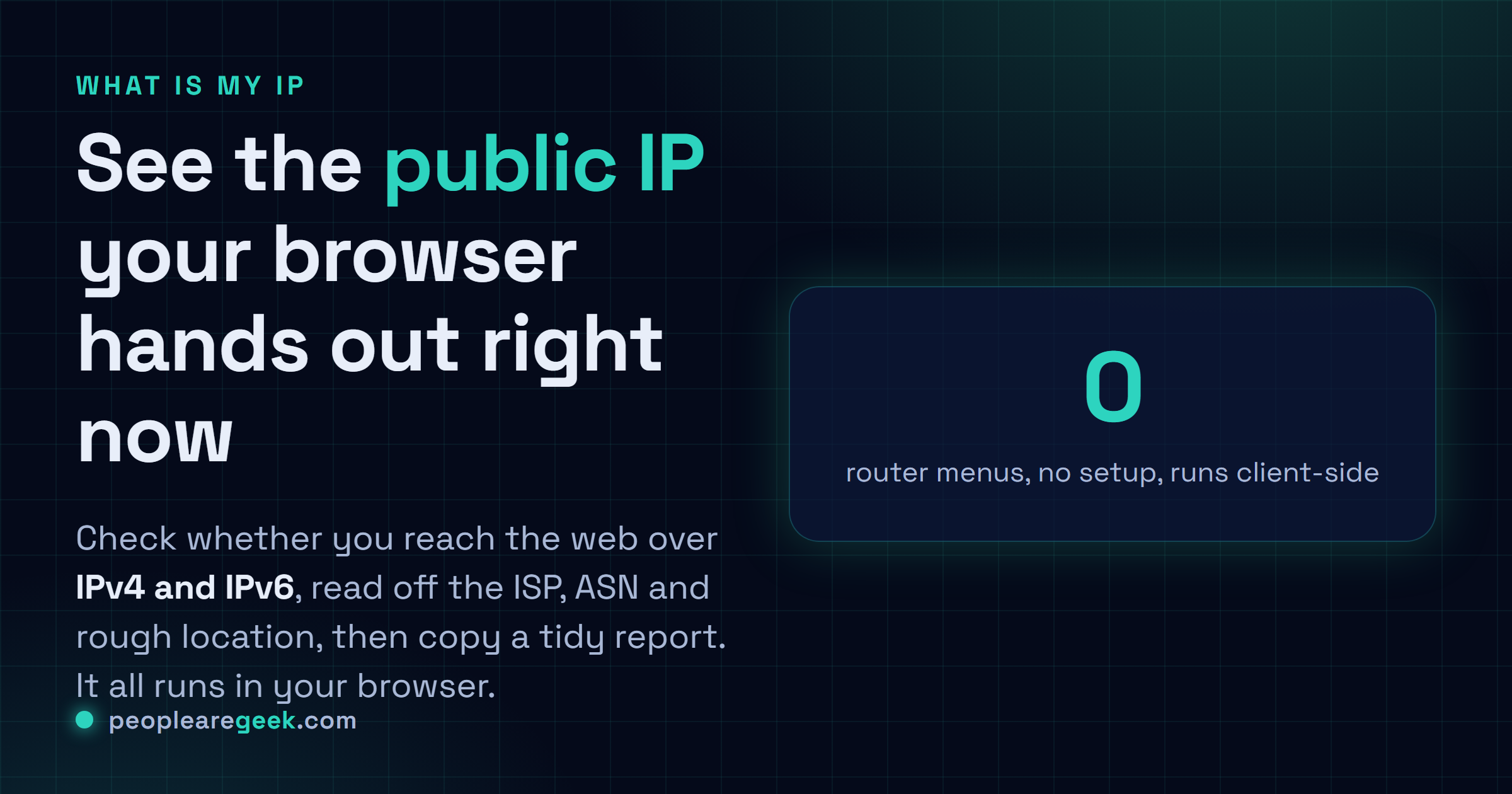 What Is My IP Address: See the public IP your browser hands out right now, check IPv4 and IPv6 reach, and read the ISP, ASN and rough location.