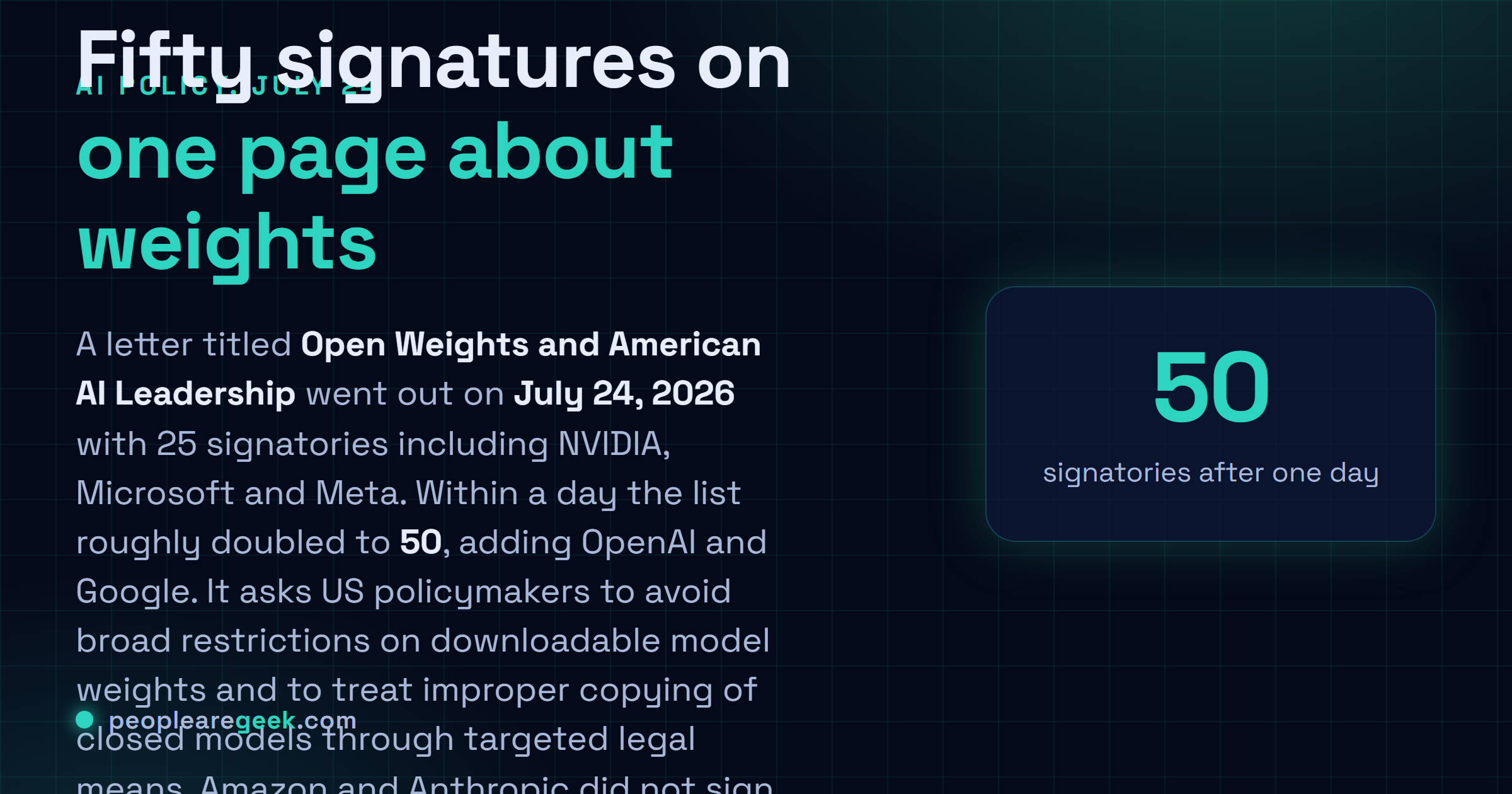 Carte réponse : une lettre du vingt quatre juillet 2026 intitulée Open Weights and American AI Leadership a été signée par vingt cinq entreprises dont NVIDIA, Microsoft et Meta, a doublé pour atteindre une cinquantaine de signataires en un jour avec OpenAI et Google, et demande aux pouvoirs publics américains d'éviter les restrictions larges sur les poids de modèles téléchargeables.