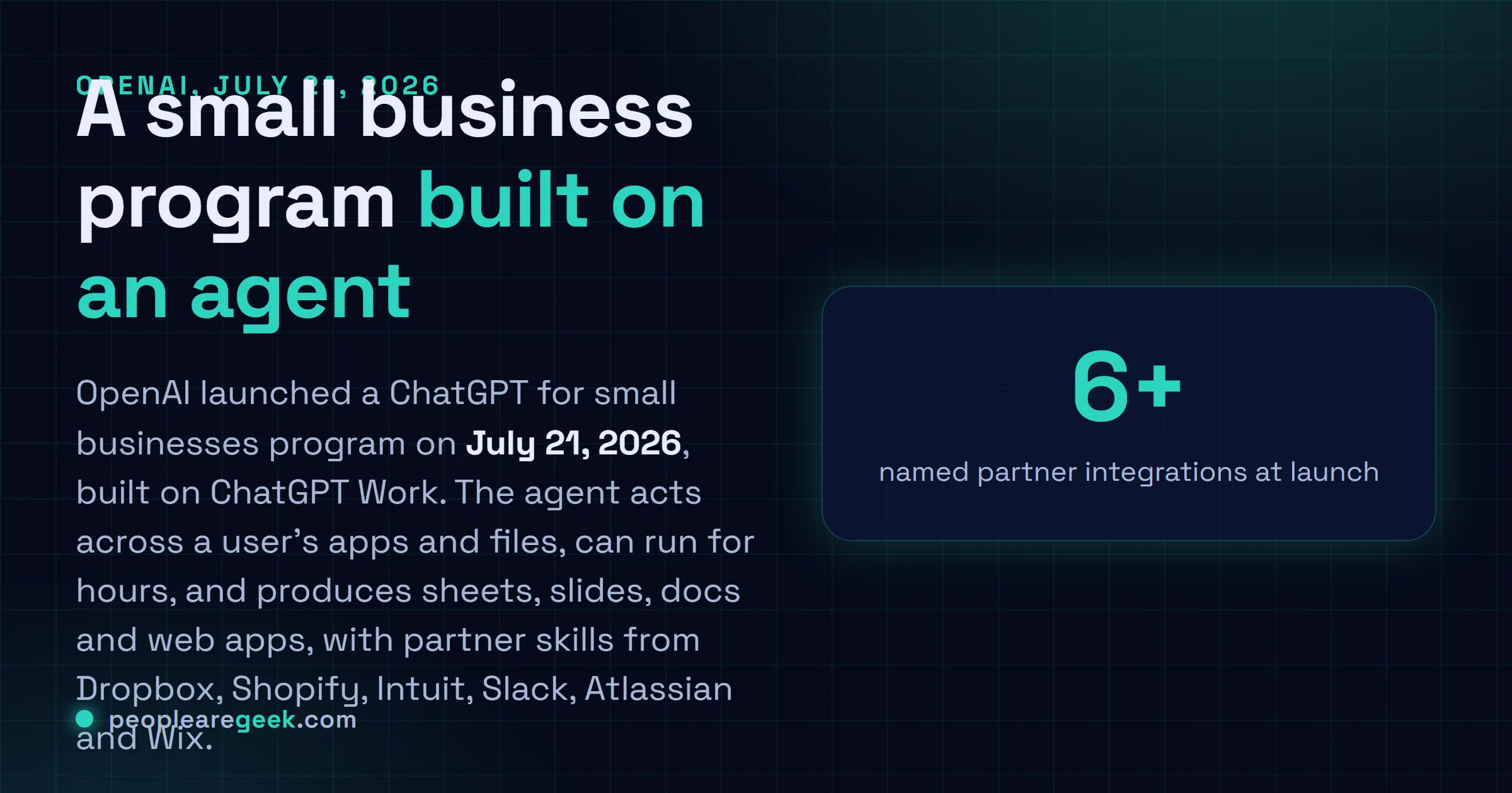 Answer card: on July 21, 2026, OpenAI launched a ChatGPT for small businesses program built on ChatGPT Work, an agent that acts across apps and files, can run for hours and produce finished documents, with partner skills from Dropbox, Shopify, Intuit, Slack, Atlassian and Wix.