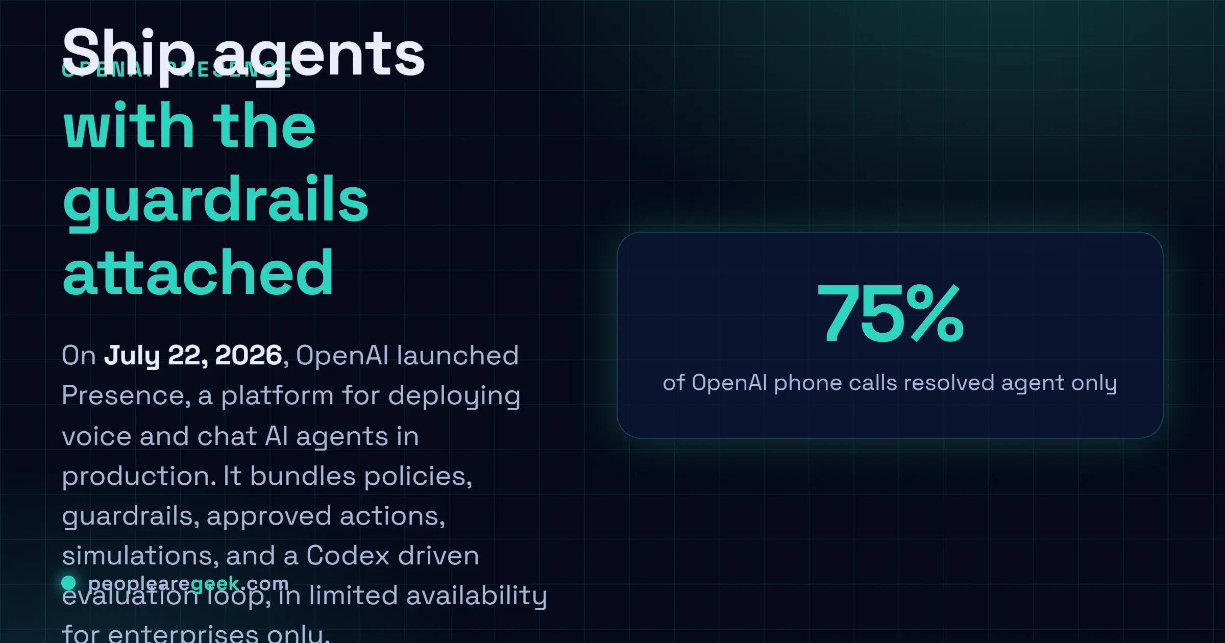 Answer card: OpenAI launched Presence on July 22, 2026, a limited availability platform for deploying voice and chat AI agents with policies, guardrails, simulations, and a Codex driven evaluation loop.