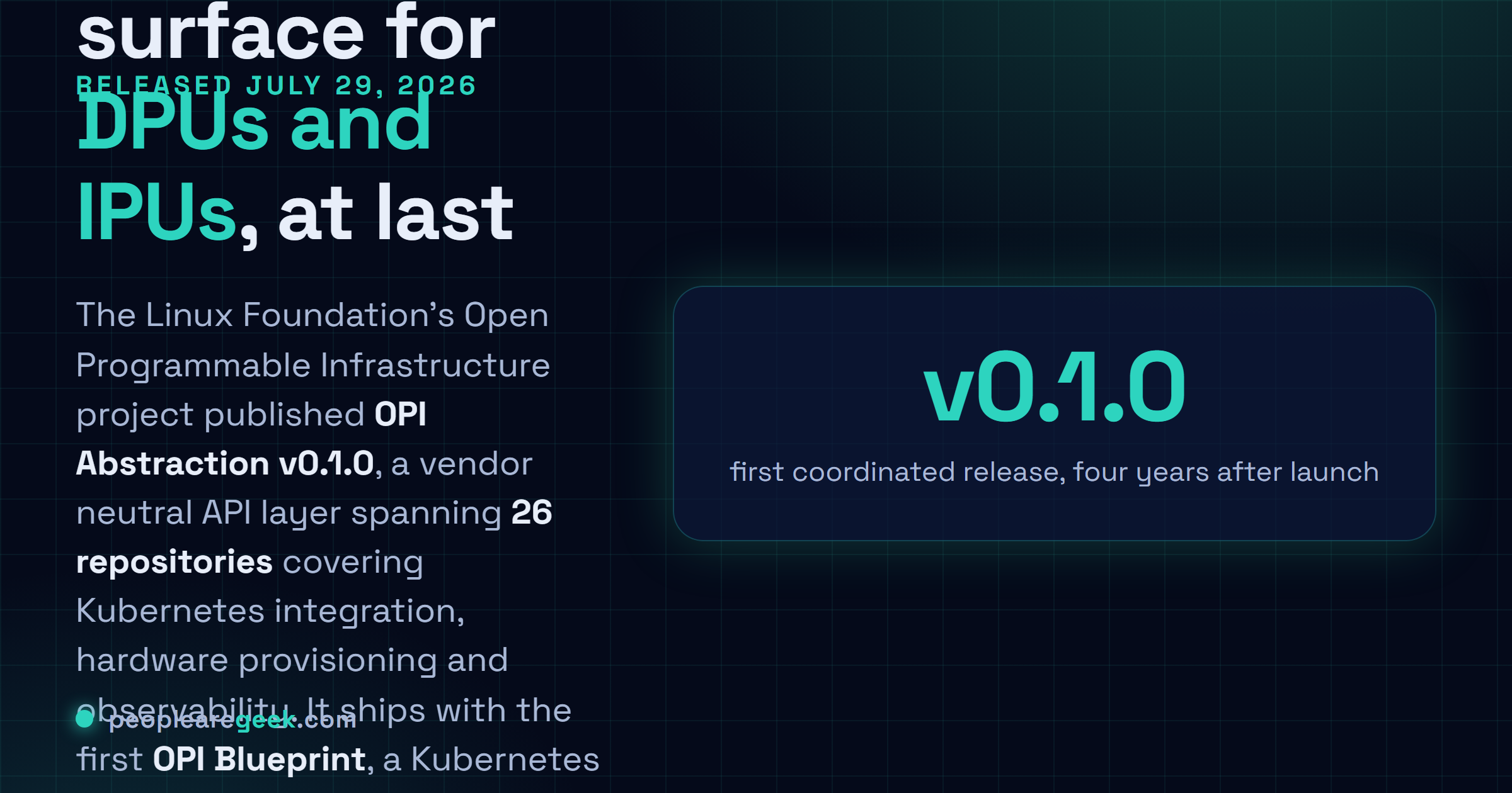 Carte réponse : le projet Open Programmable Infrastructure de la Linux Foundation a publié OPI Abstraction v0.1.0 le 29 juillet 2026, une couche d'API neutre répartie sur 26 dépôts couvrant l'intégration Kubernetes, le provisionnement et l'observabilité, plus un blueprint de déport de fonction réseau Kubernetes bâti avec F5 NGINX, Intel et Red Hat.