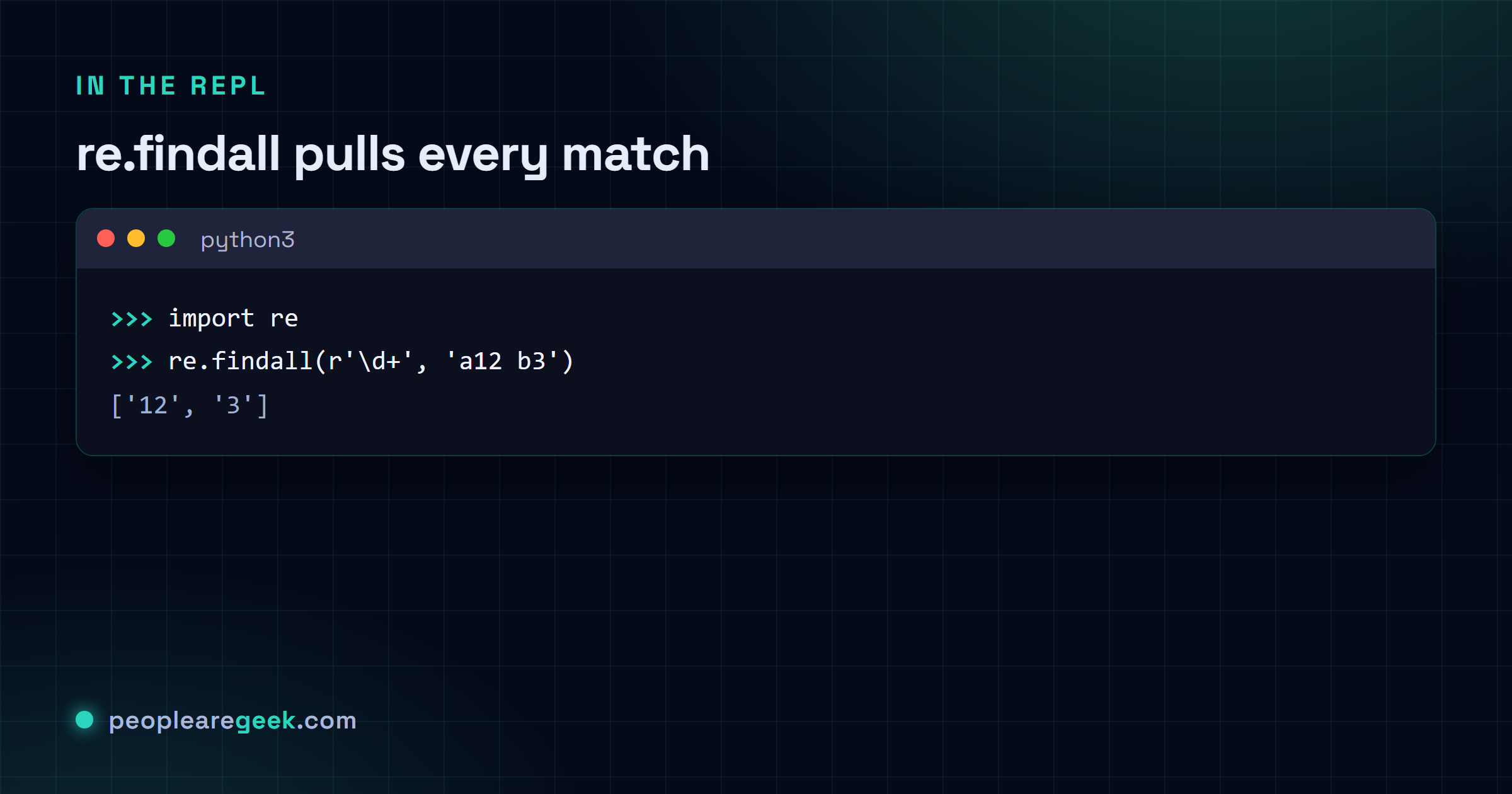Python REPL showing import re and re.findall extracting digit groups from a string.