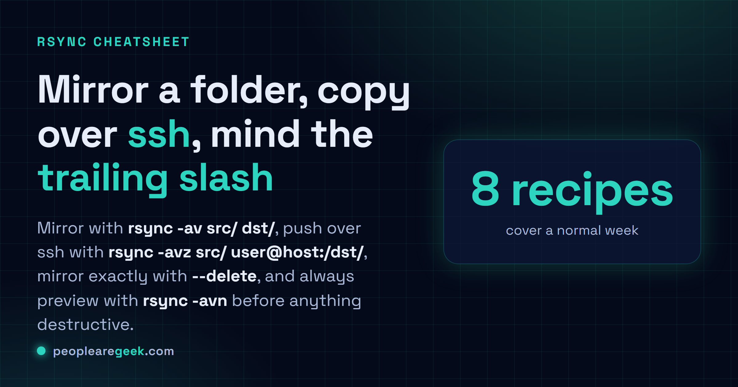 Answer card: mirror a folder with rsync -av, copy over ssh with rsync -avz to user@host, make a destination match the source with --delete, preview safely with a dry run using -avn, show progress and resume with -avP, and the trailing slash gotcha.